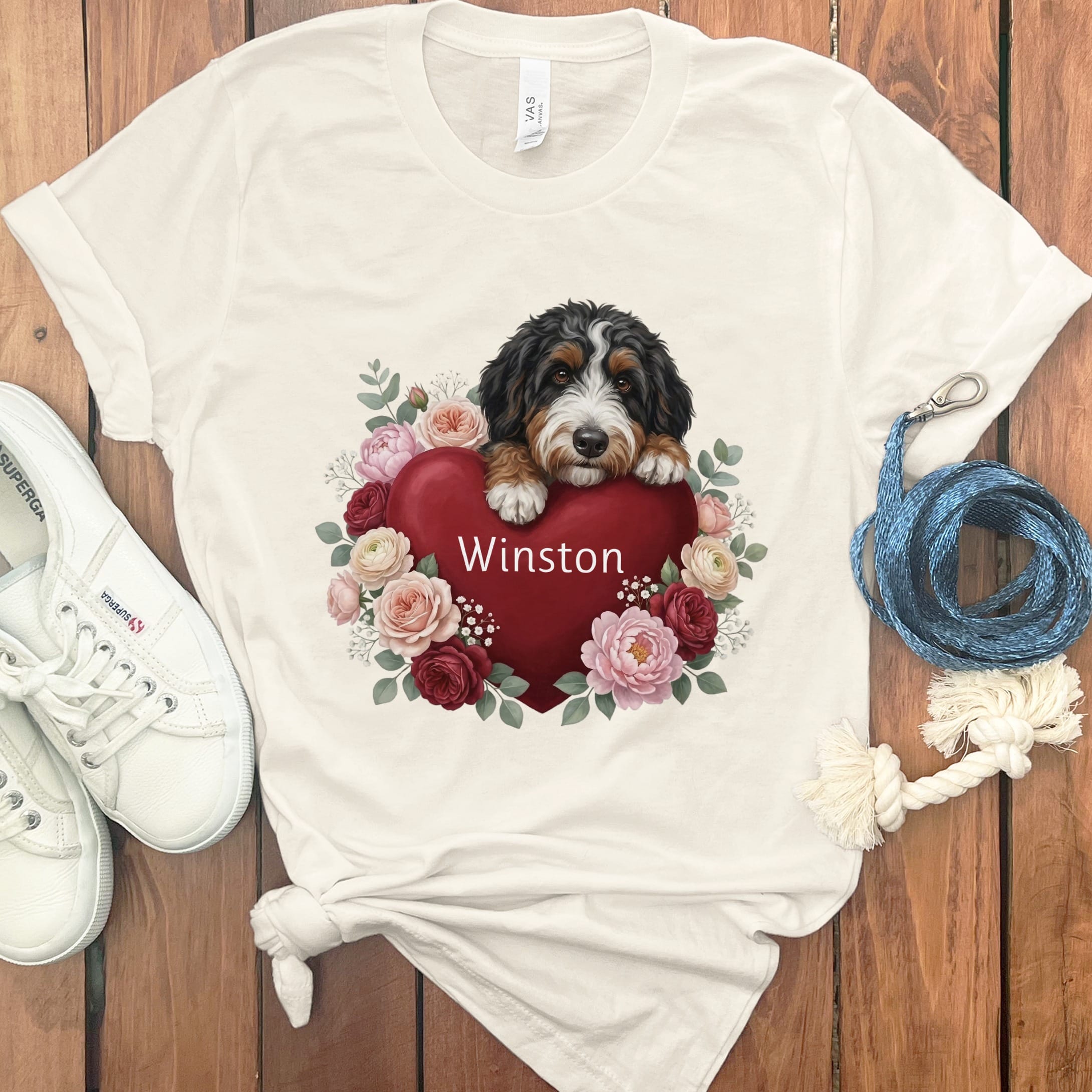 Personalized Bernedoodle Heart Belongs T-Shirt in Natural / S by Puppy Jo