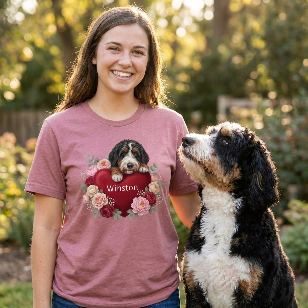 Personalized Bernedoodle Heart Belongs T-Shirt in by Puppy Jo