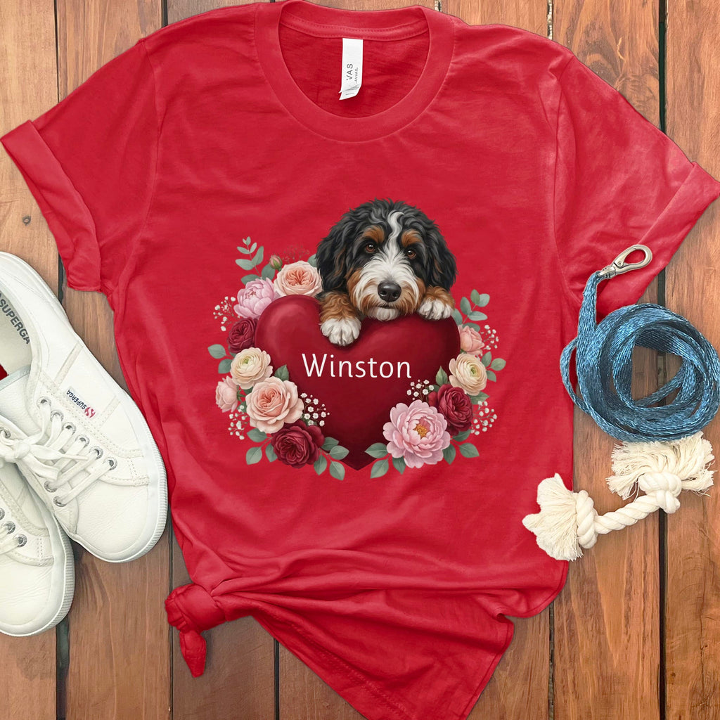 Personalized Bernedoodle Heart Belongs T-Shirt in Red / S by Puppy Jo