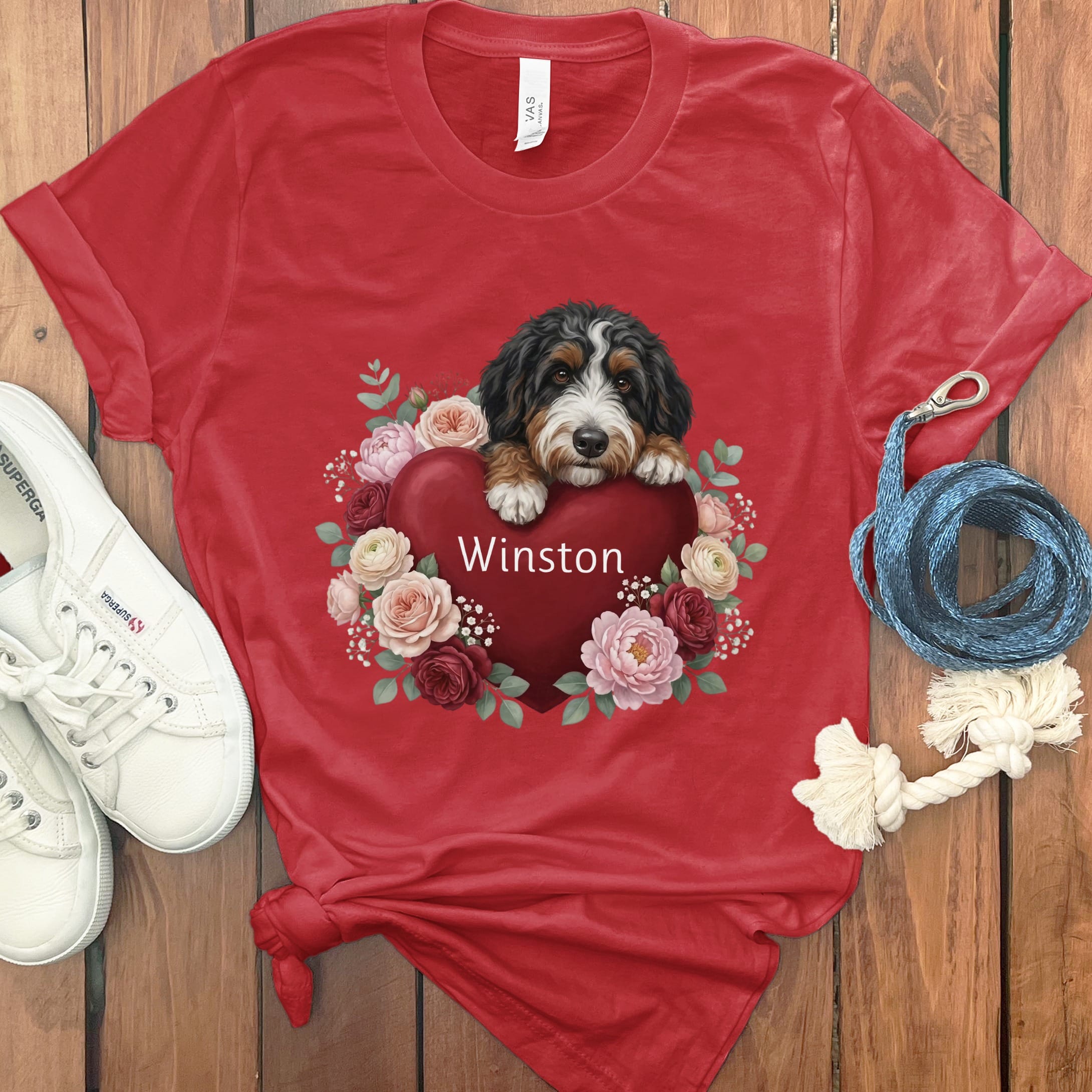 Personalized Bernedoodle Heart Belongs T-Shirt in Red / S by Puppy Jo