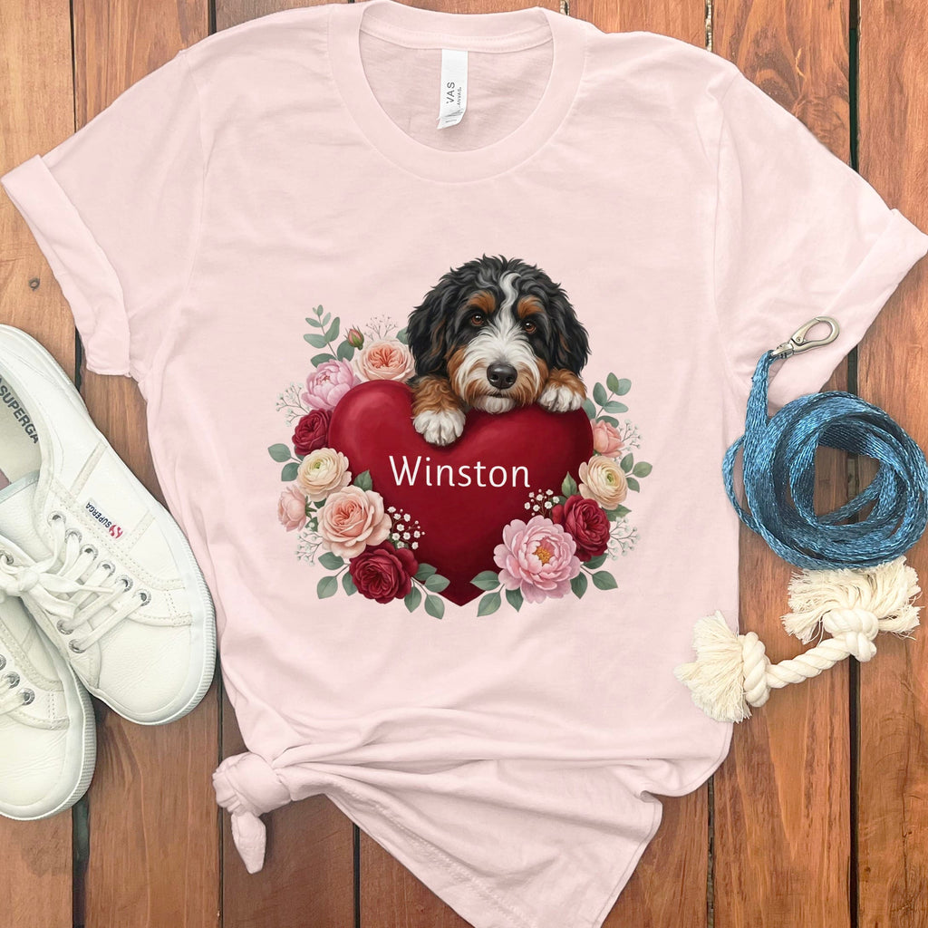 Personalized Bernedoodle Heart Belongs T-Shirt in Soft Pink / S by Puppy Jo