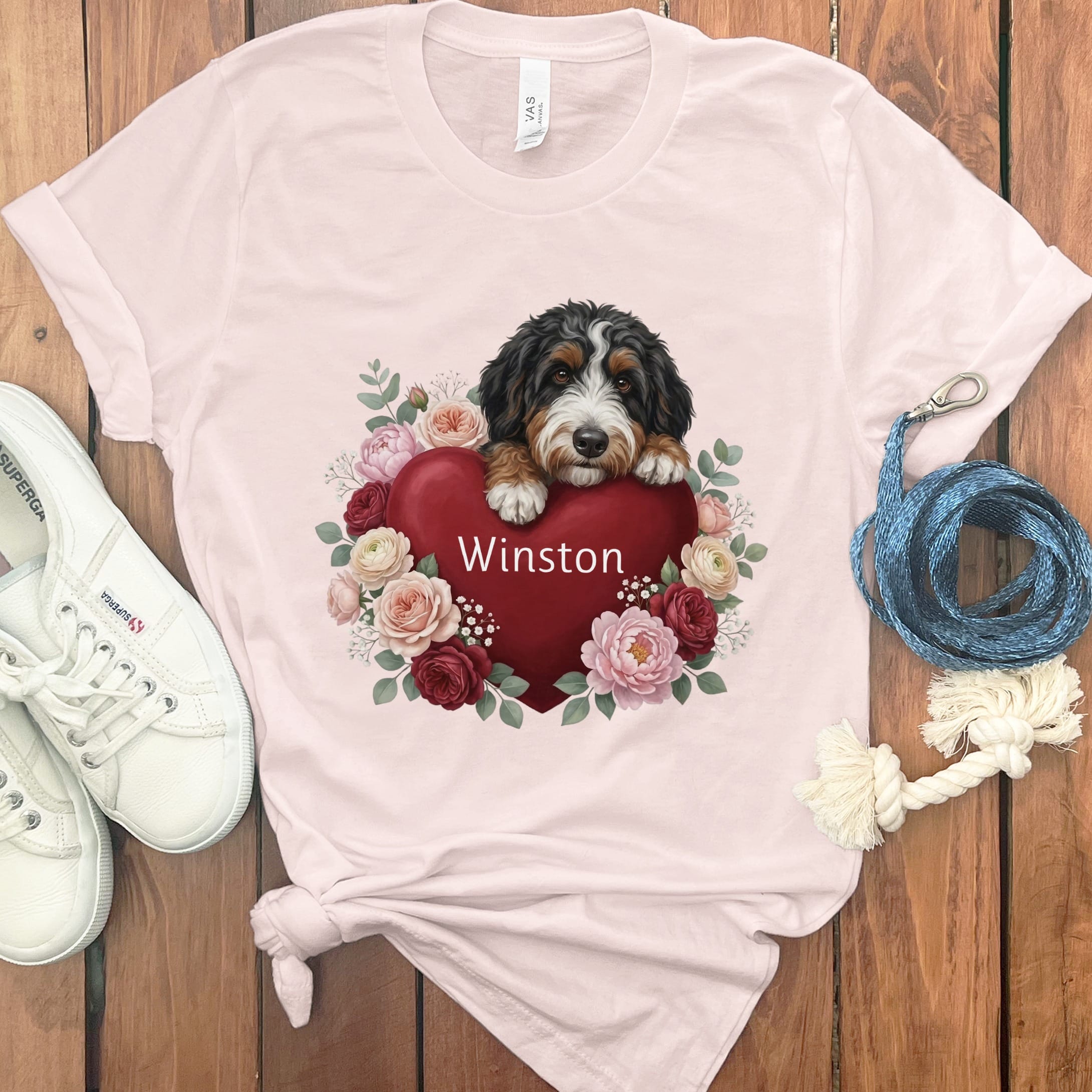 Personalized Bernedoodle Heart Belongs T-Shirt in Soft Pink / S by Puppy Jo