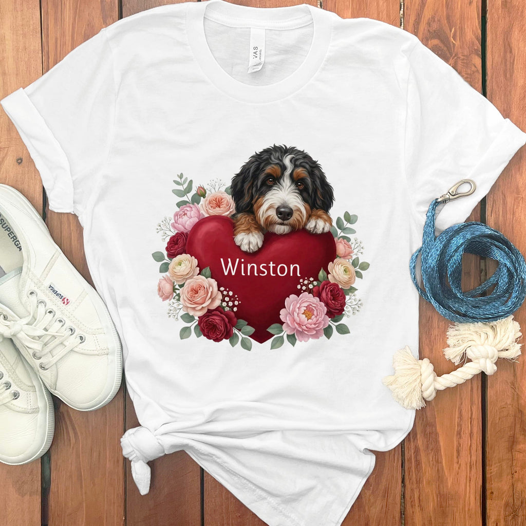 Personalized Bernedoodle Heart Belongs T-Shirt in White / S by Puppy Jo