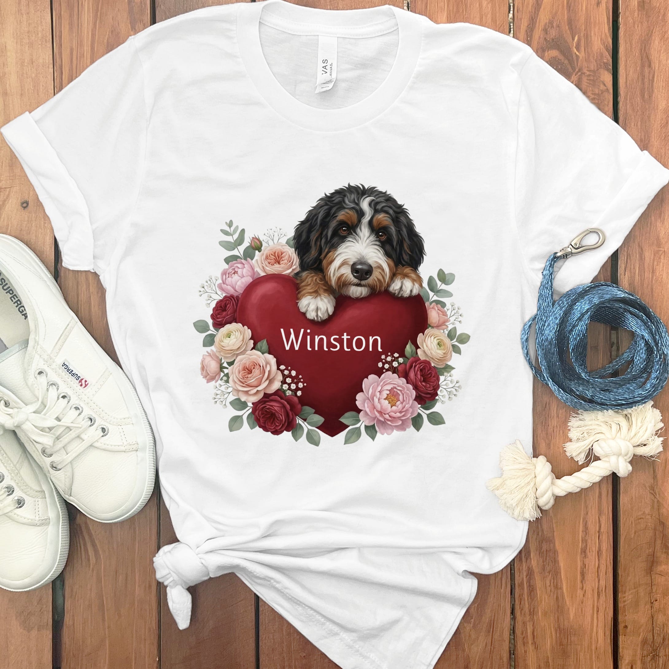 Personalized Bernedoodle Heart Belongs T-Shirt in White / S by Puppy Jo