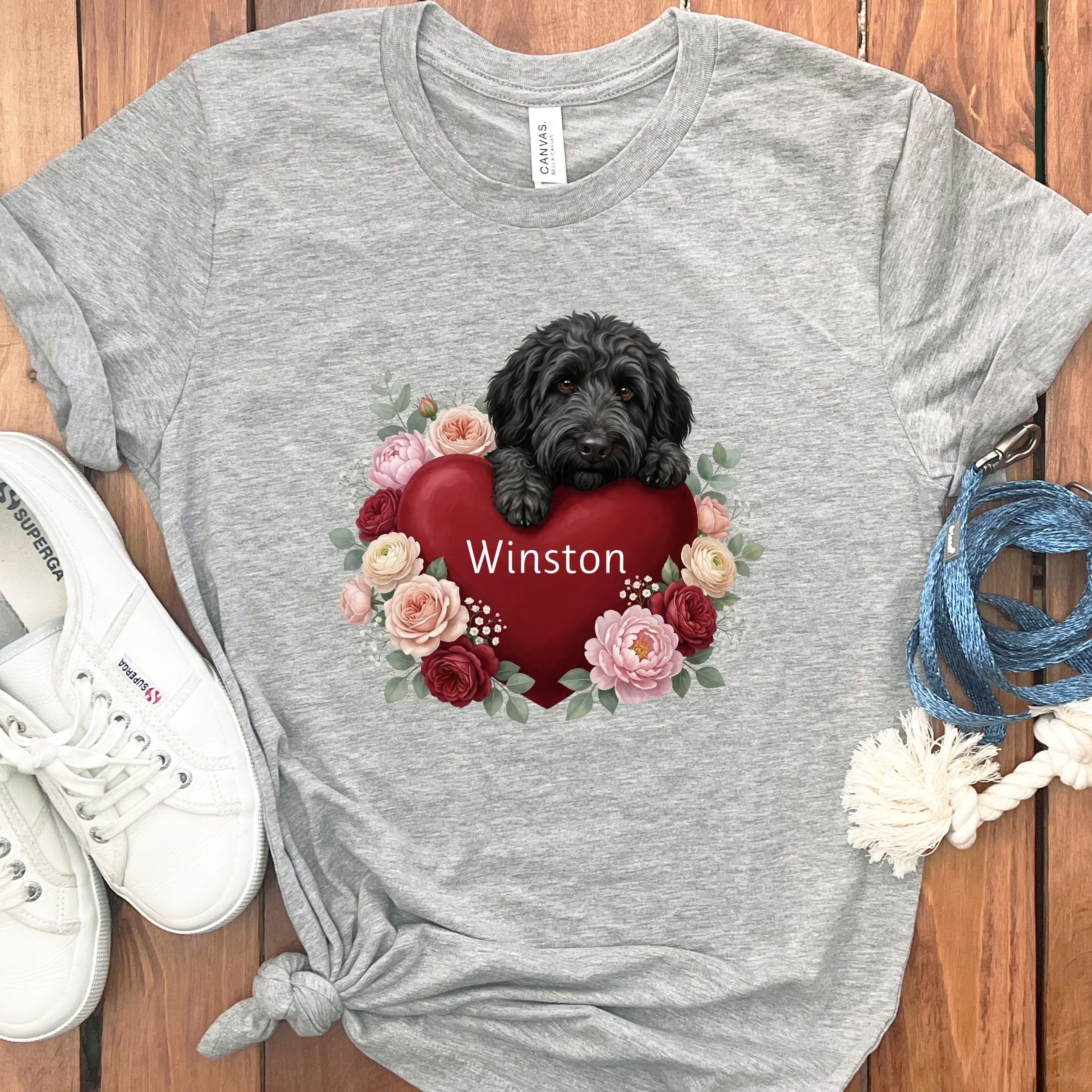 Personalized Black Goldendoodle Heart Belongs T-Shirt in Athletic Heather / S by Puppy Jo