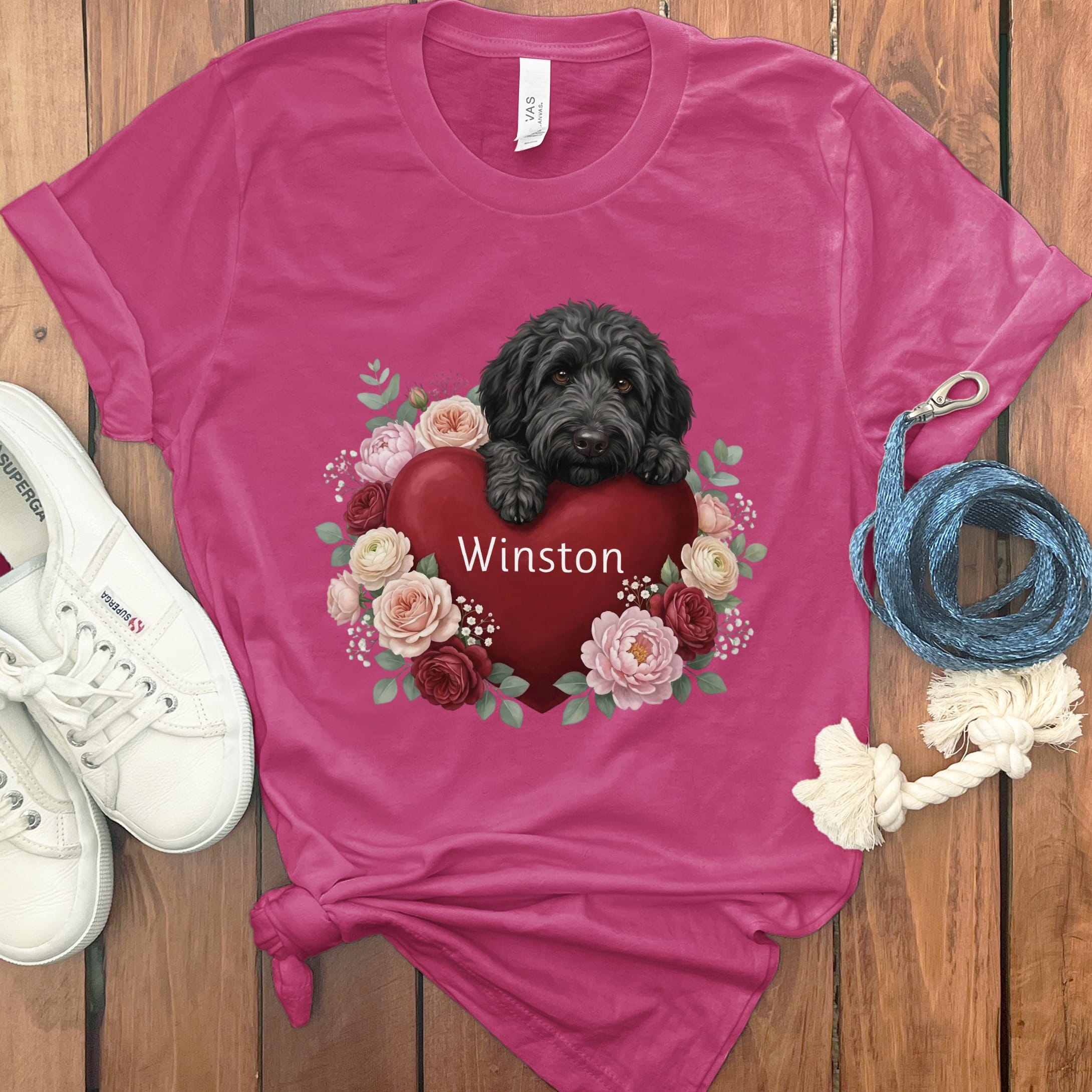 Personalized Black Goldendoodle Heart Belongs T-Shirt in Berry / S by Puppy Jo
