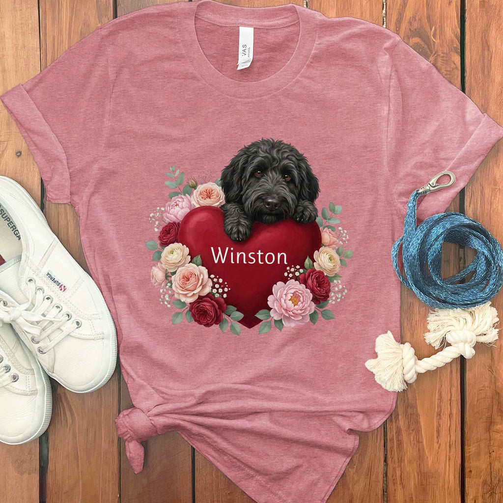 Personalized Black Goldendoodle Heart Belongs T-Shirt in Heather Mauve / S by Puppy Jo
