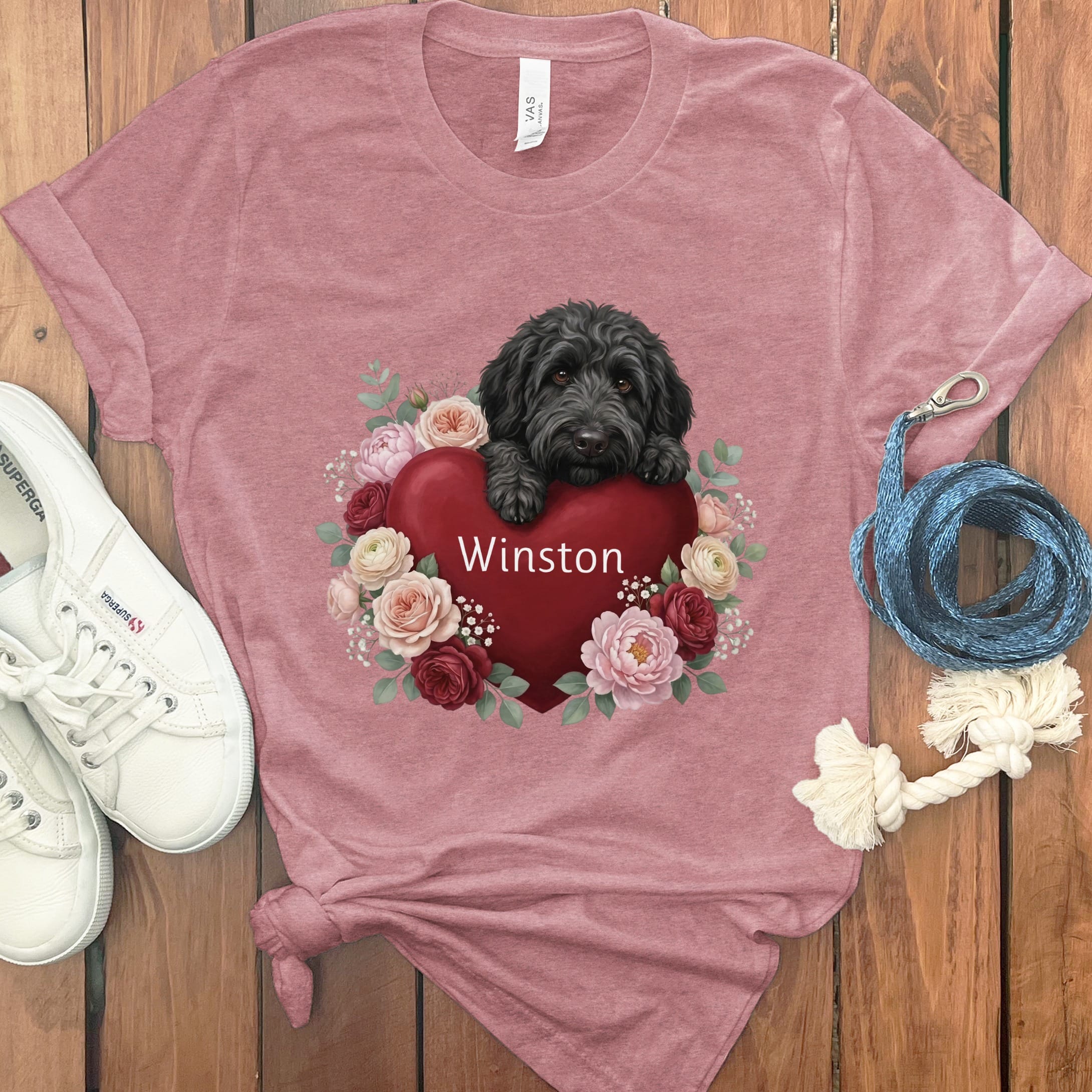 Personalized Black Goldendoodle Heart Belongs T-Shirt in Heather Mauve / S by Puppy Jo