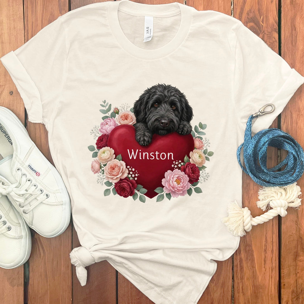 Personalized Black Goldendoodle Heart Belongs T-Shirt in Natural / S by Puppy Jo