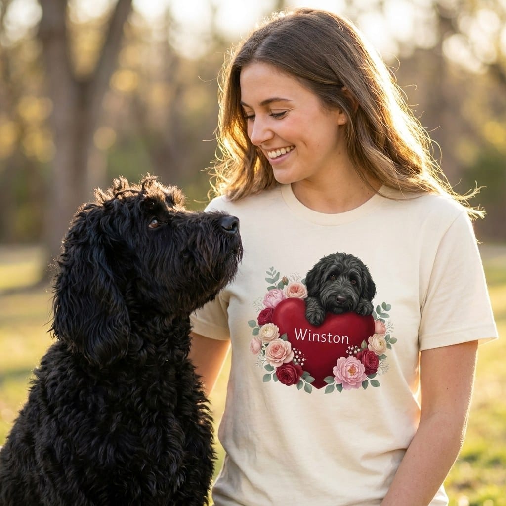 Personalized Black Goldendoodle Heart Belongs T-Shirt in by Puppy Jo