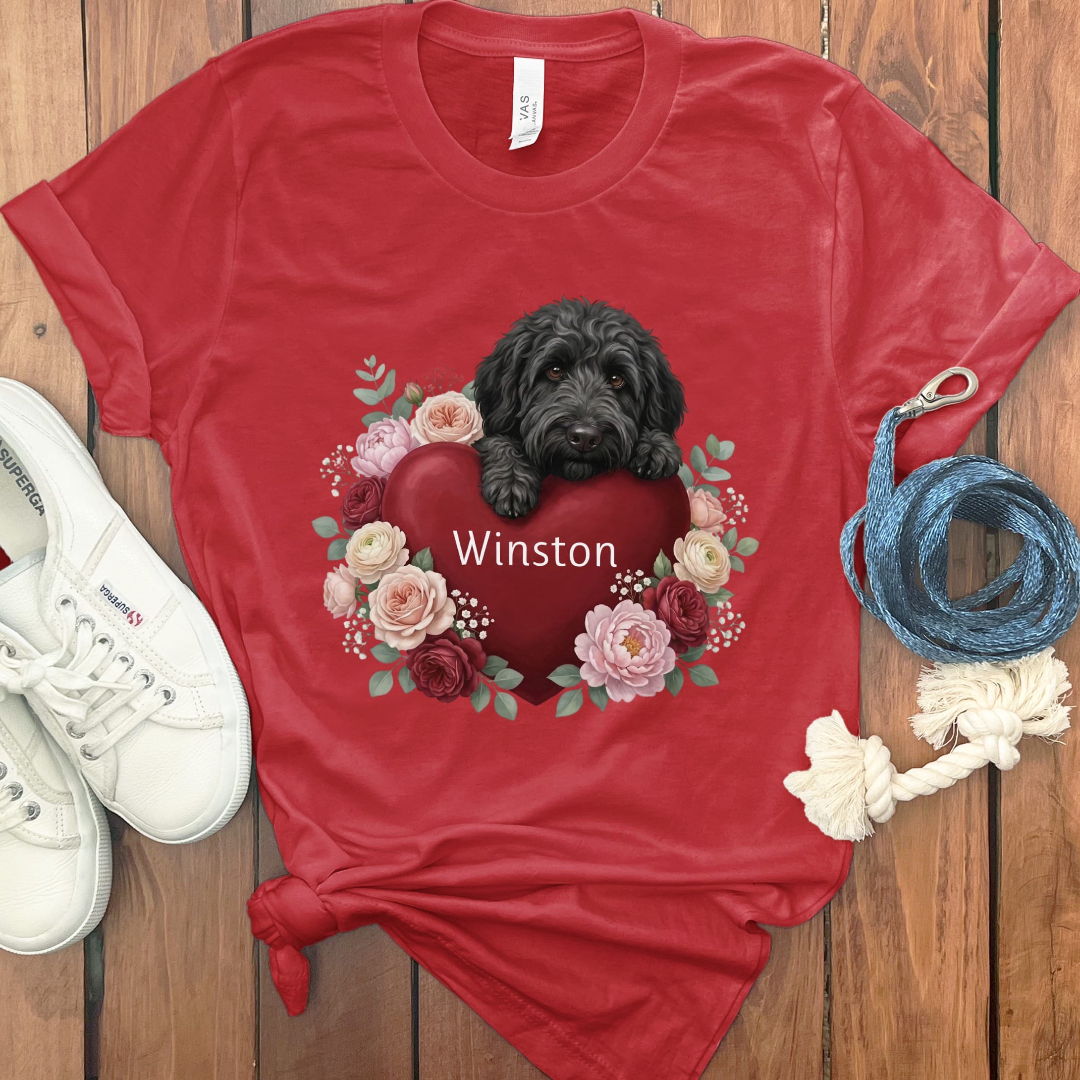 Personalized Black Goldendoodle Heart Belongs T-Shirt in Red / S by Puppy Jo