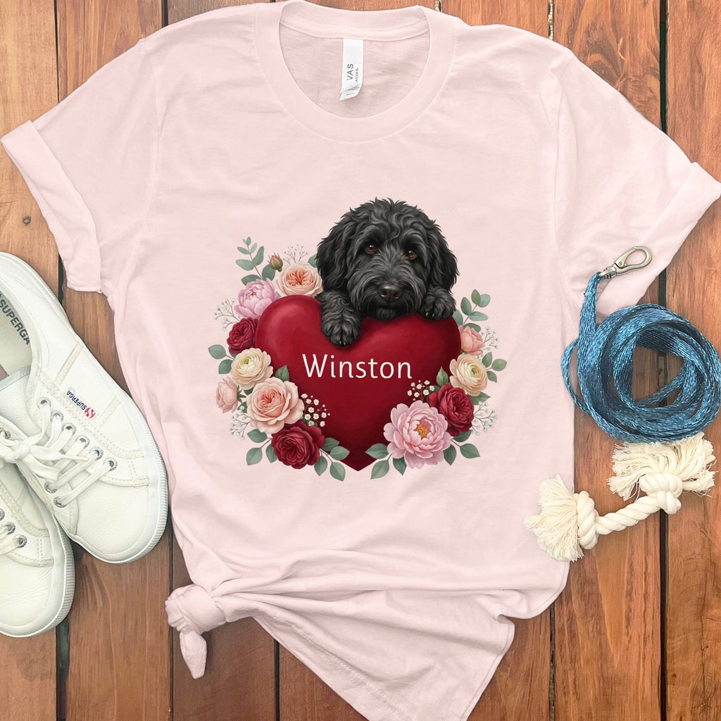 Personalized Black Goldendoodle Heart Belongs T-Shirt in Soft Pink / S by Puppy Jo