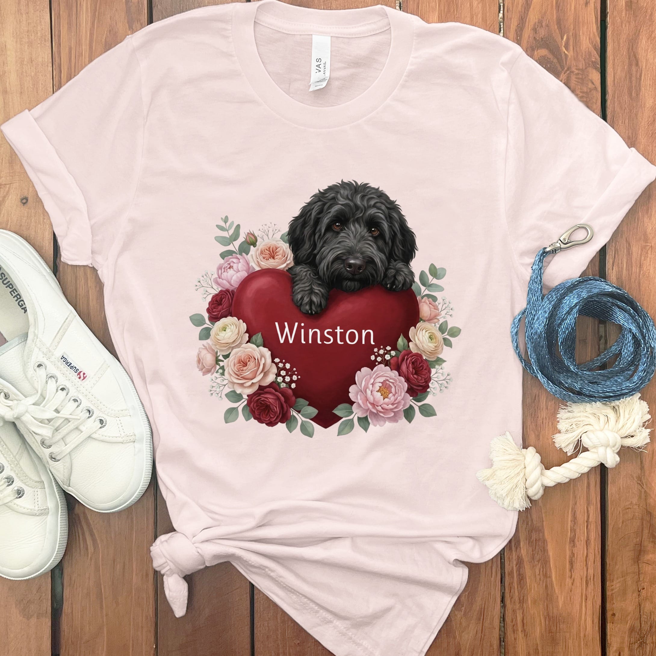 Personalized Black Goldendoodle Heart Belongs T-Shirt in Soft Pink / S by Puppy Jo