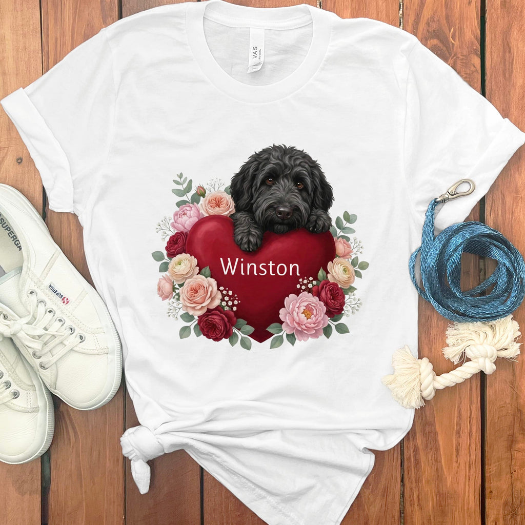 Personalized Black Goldendoodle Heart Belongs T-Shirt in White / S by Puppy Jo