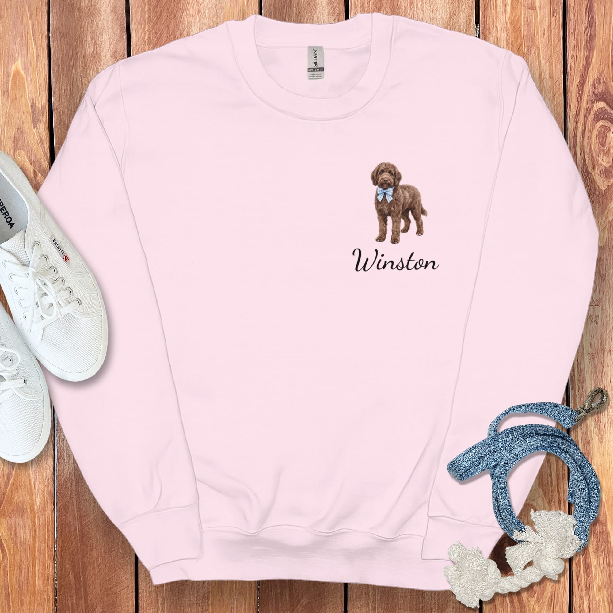 Personalized Chocolate Doodle Sweatshirt in Light Pink / S by Puppy Jo
