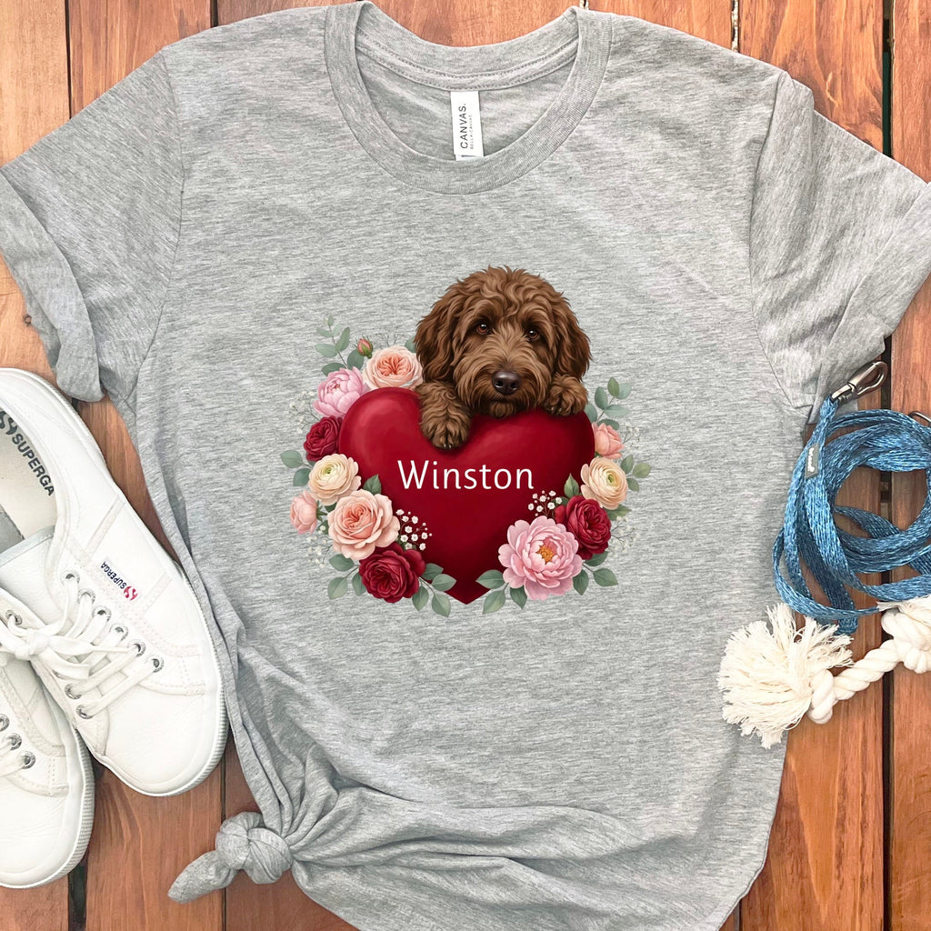 Personalized Chocolate Goldendoodle Heart Belongs T-Shirt in Athletic Heather / S by Puppy Jo