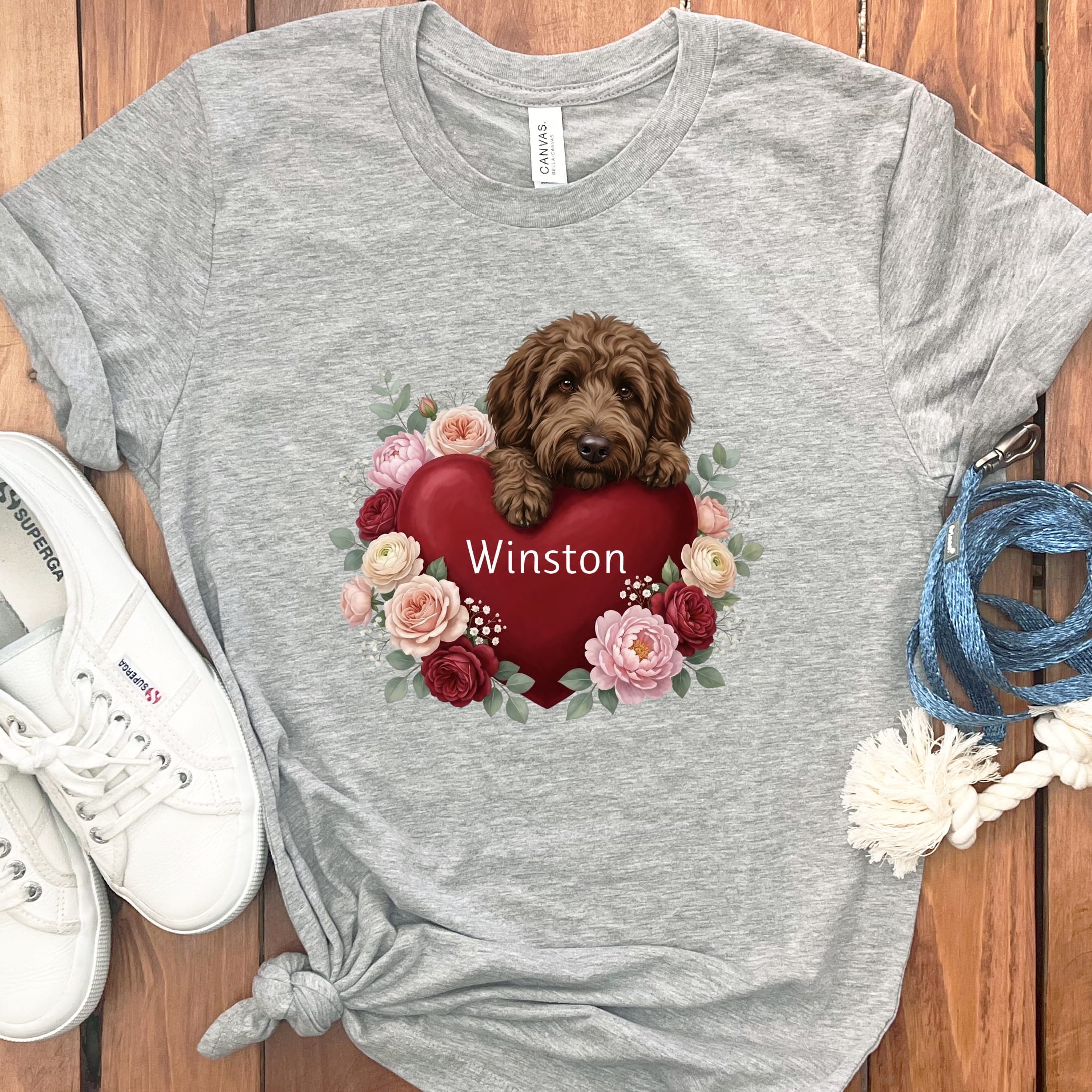 Personalized Chocolate Goldendoodle Heart Belongs T-Shirt in Athletic Heather / S by Puppy Jo