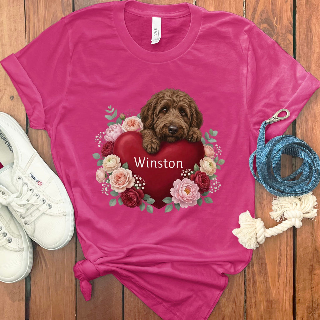 Personalized Chocolate Goldendoodle Heart Belongs T-Shirt in Berry / S by Puppy Jo