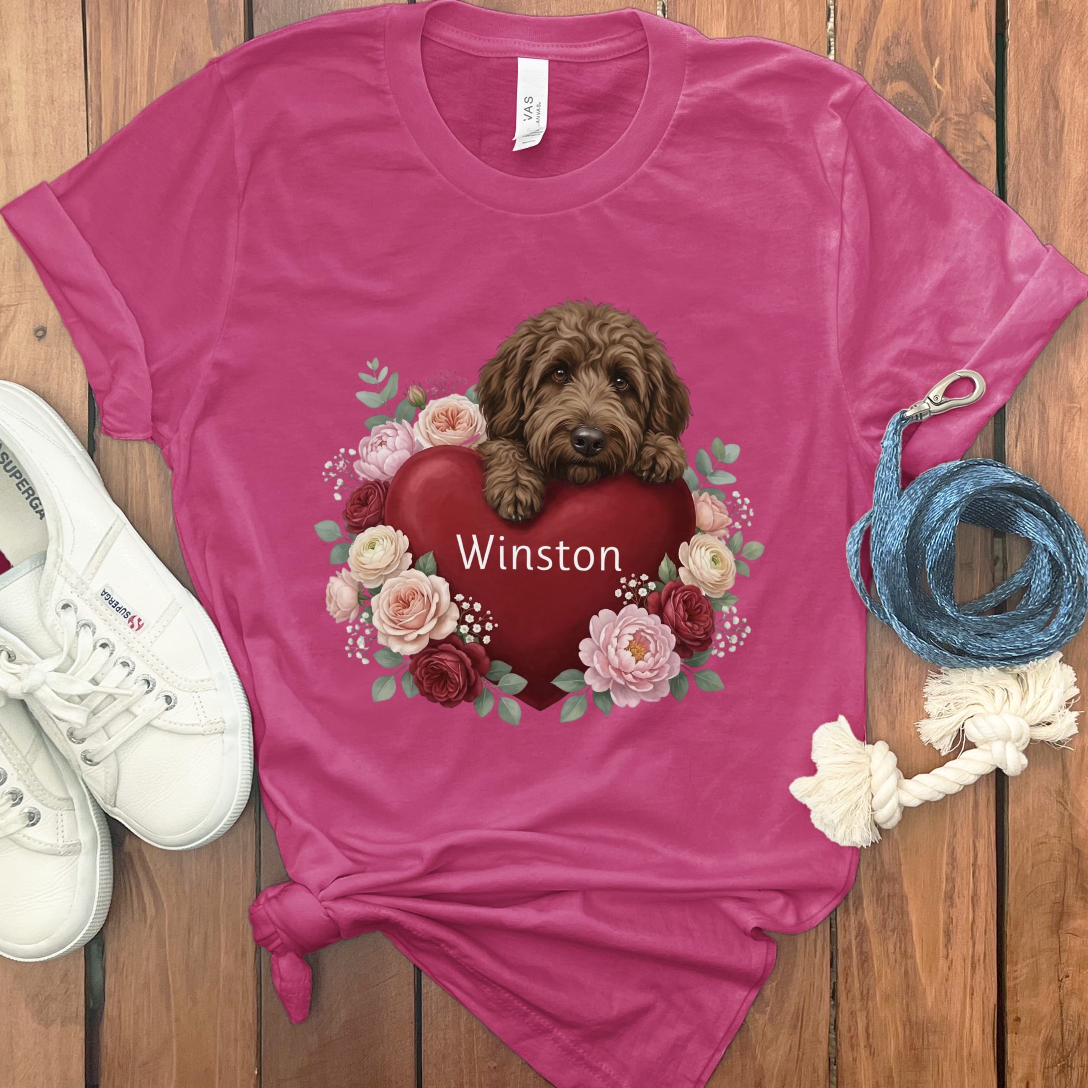 Personalized Chocolate Goldendoodle Heart Belongs T-Shirt in Berry / S by Puppy Jo