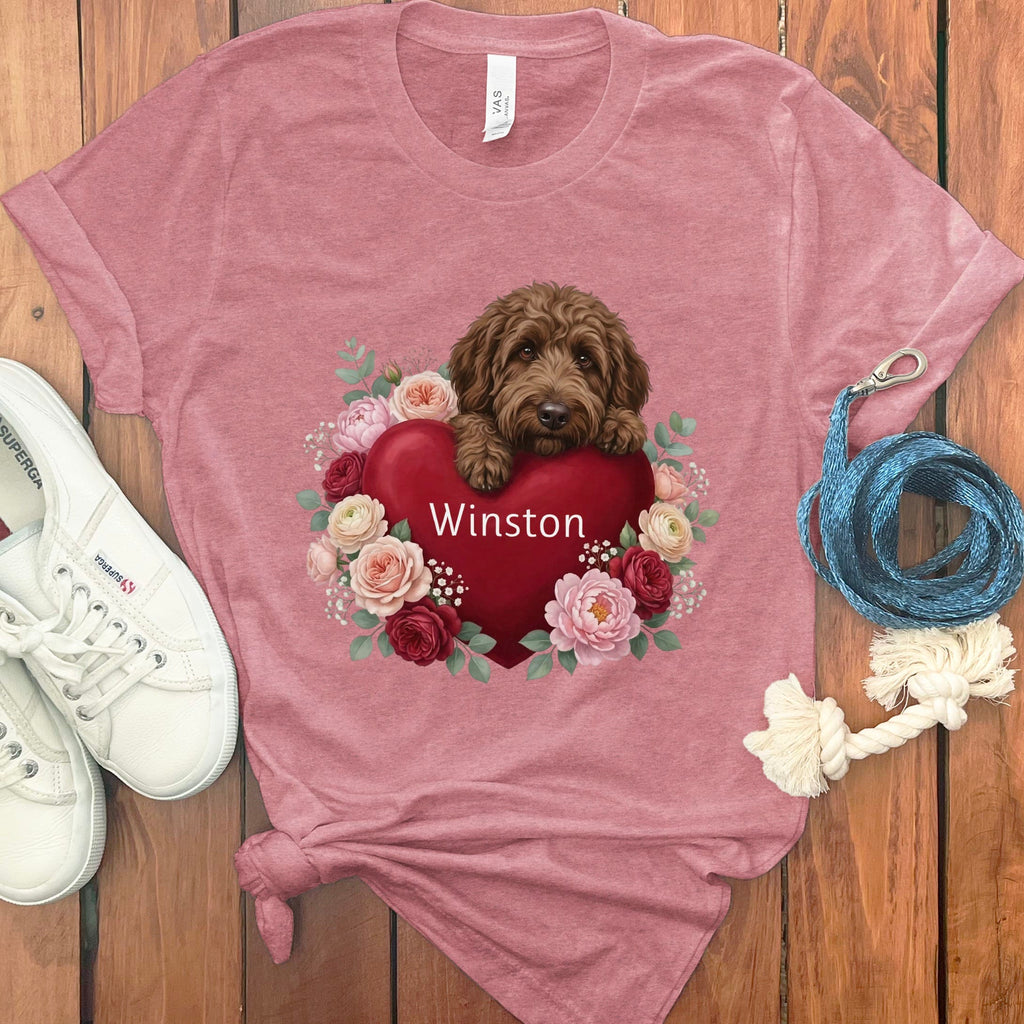 Personalized Chocolate Goldendoodle Heart Belongs T-Shirt in Heather Mauve / S by Puppy Jo