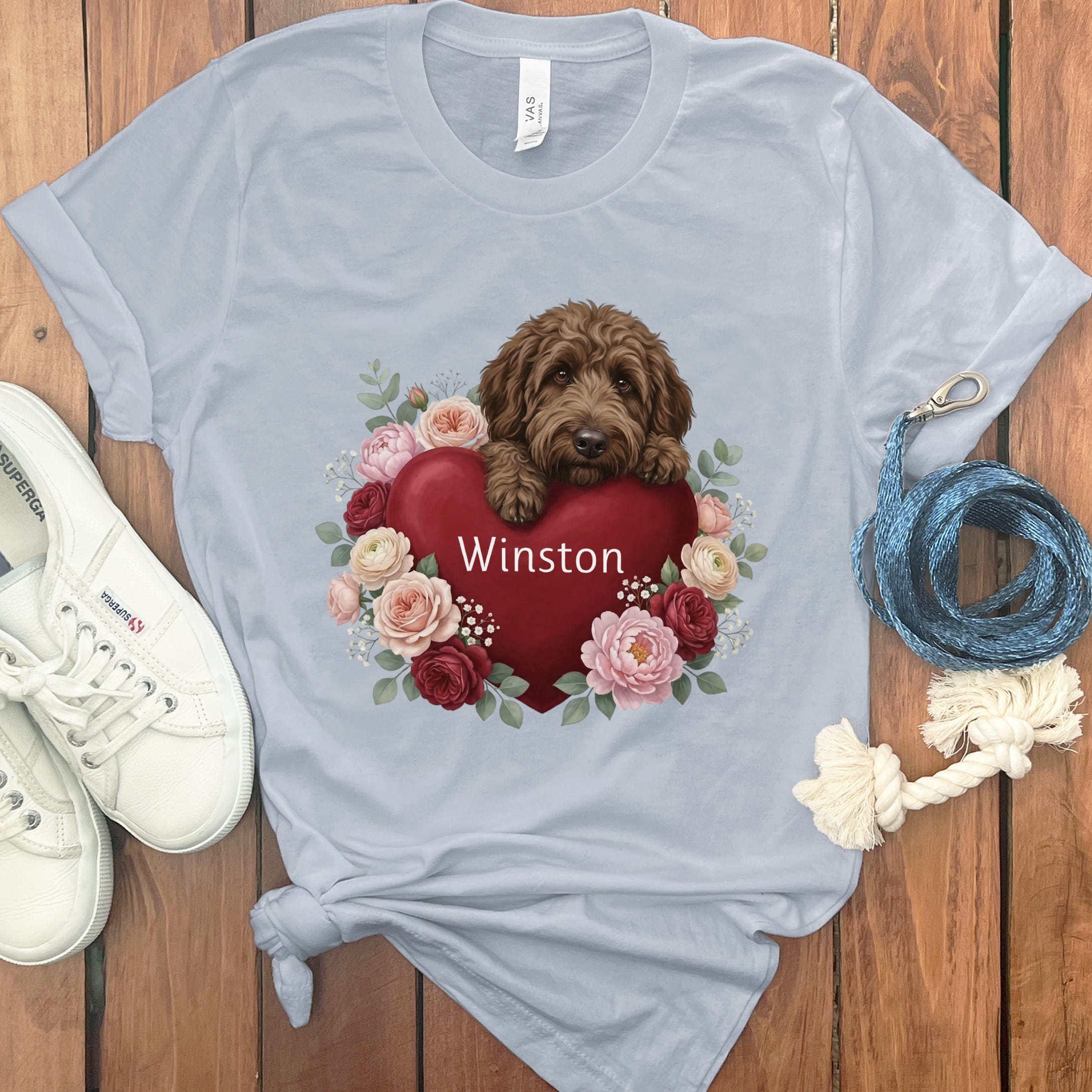 Personalized Chocolate Goldendoodle Heart Belongs T-Shirt in Light Blue / S by Puppy Jo