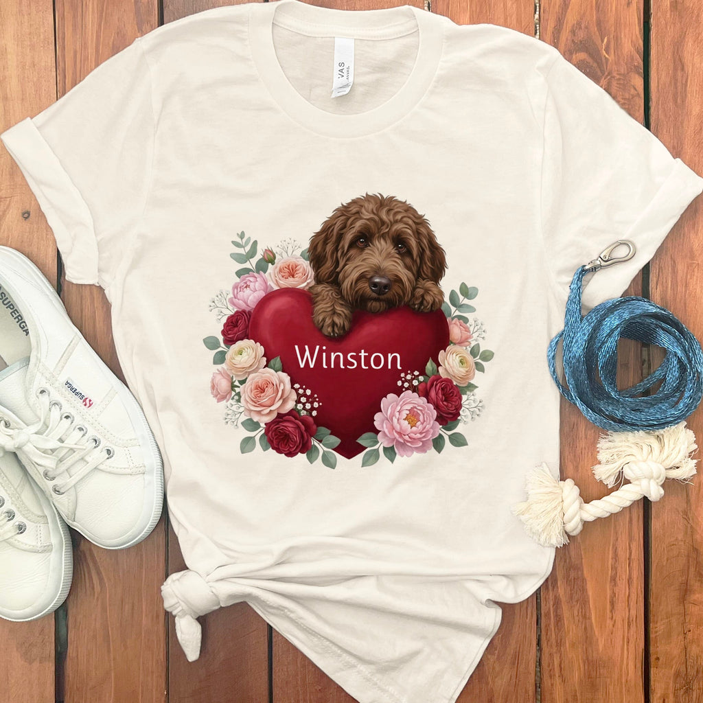 Personalized Chocolate Goldendoodle Heart Belongs T-Shirt in Natural / S by Puppy Jo