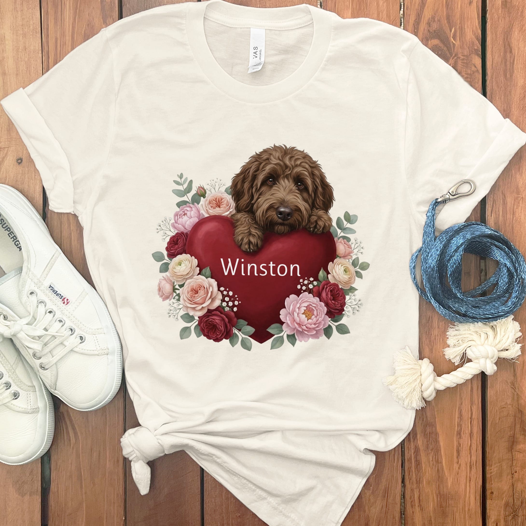 Personalized Chocolate Goldendoodle Heart Belongs T-Shirt in Natural / S by Puppy Jo