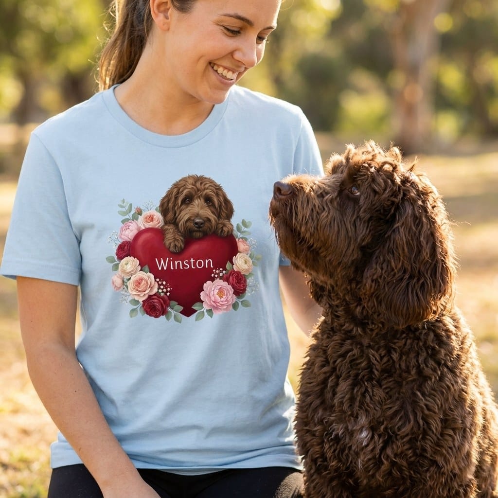 Personalized Chocolate Goldendoodle Heart Belongs T-Shirt in by Puppy Jo