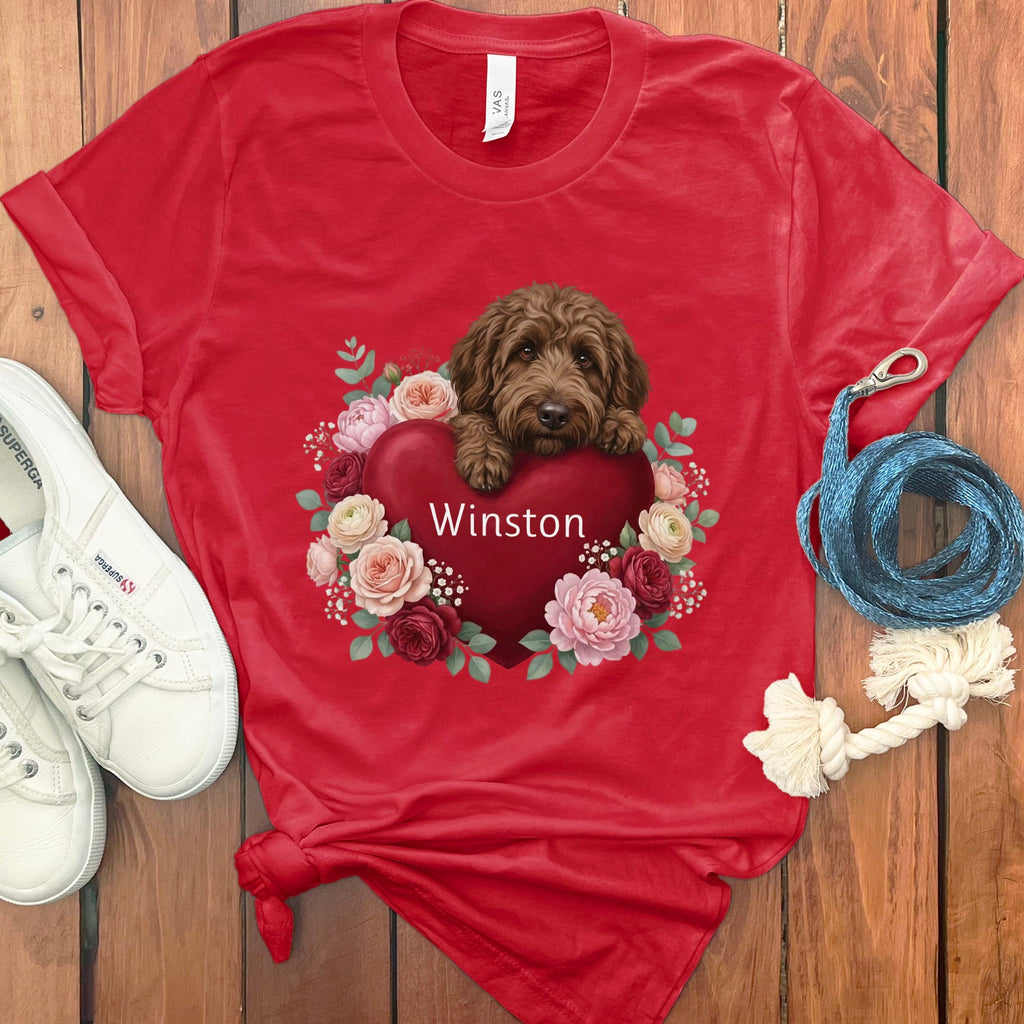 Personalized Chocolate Goldendoodle Heart Belongs T-Shirt in Red / S by Puppy Jo