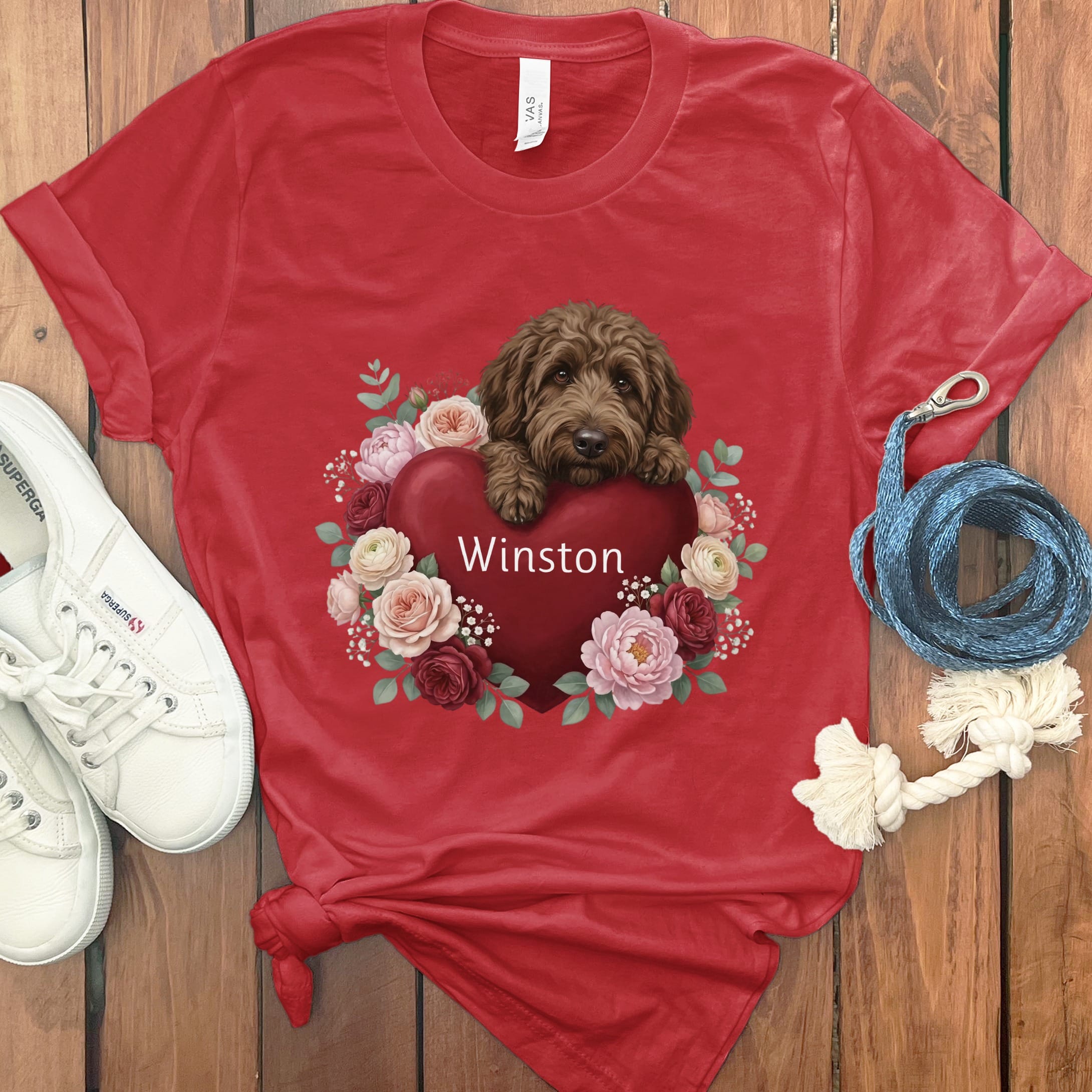 Personalized Chocolate Goldendoodle Heart Belongs T-Shirt in Red / S by Puppy Jo