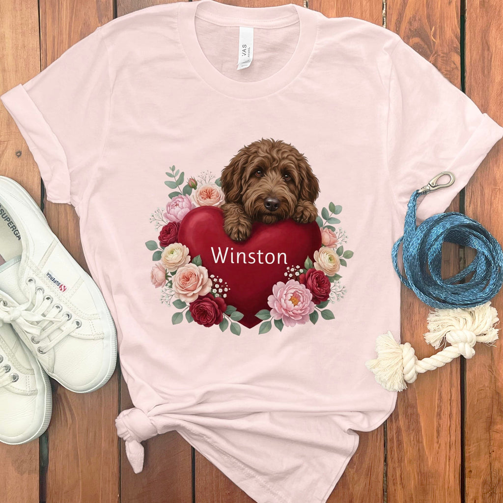 Personalized Chocolate Goldendoodle Heart Belongs T-Shirt in Soft Pink / S by Puppy Jo
