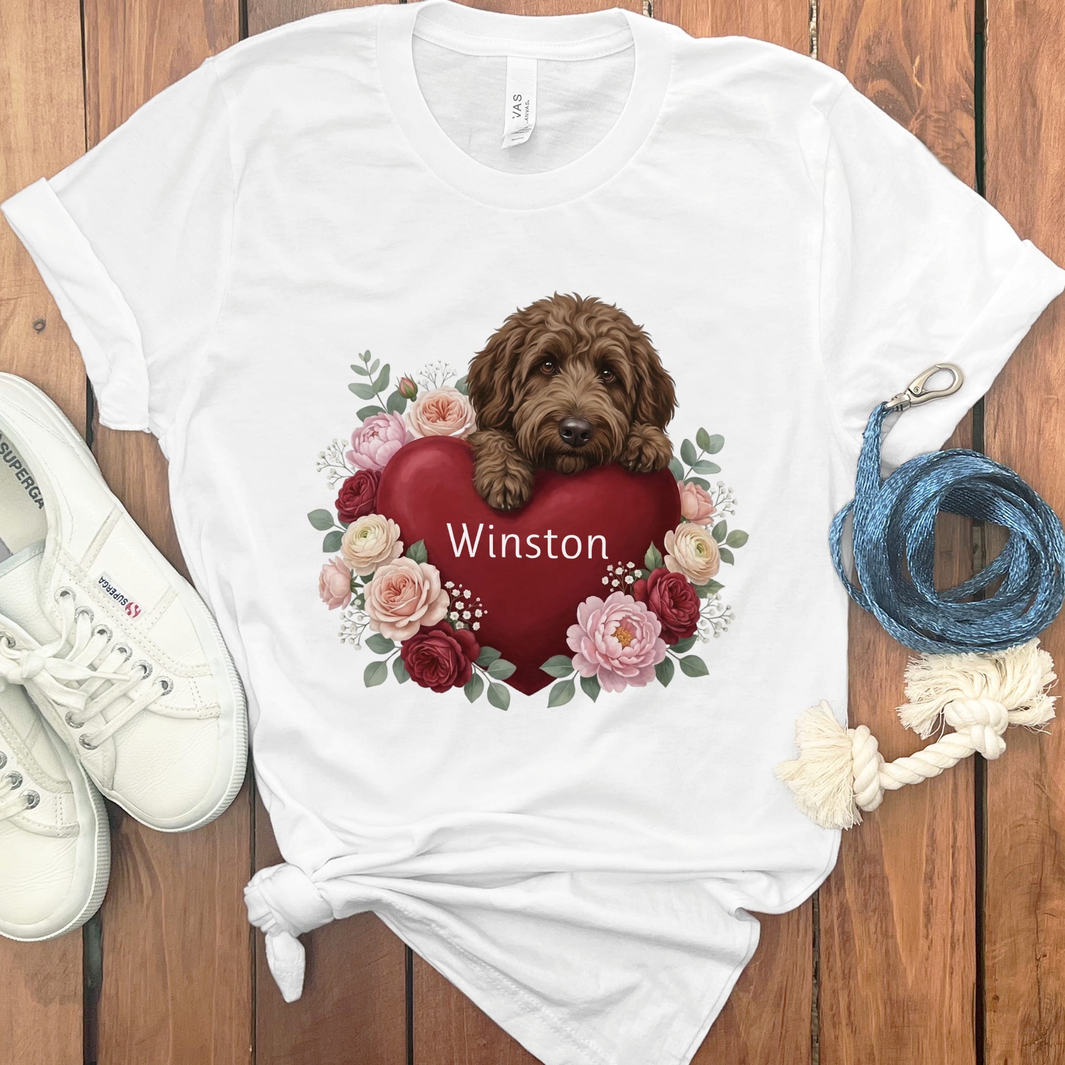 Personalized Chocolate Goldendoodle Heart Belongs T-Shirt in White / S by Puppy Jo