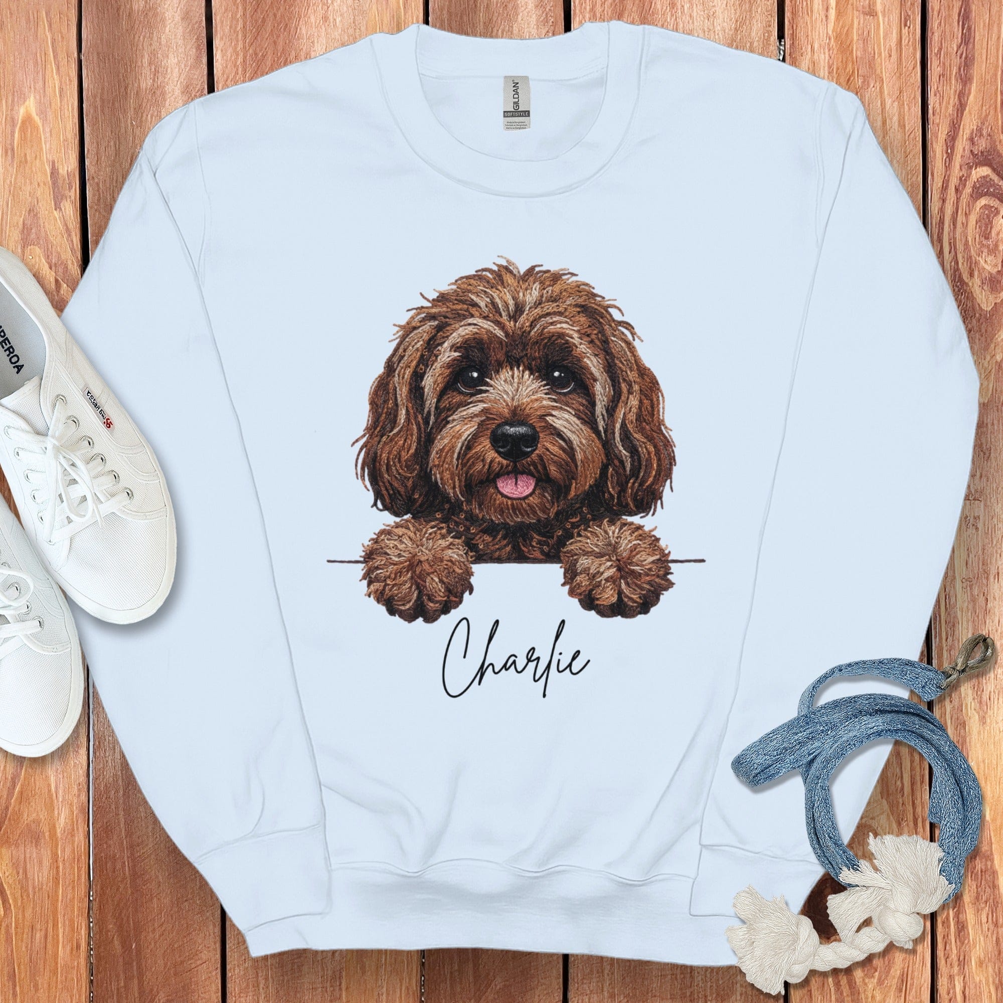 Personalized Chocolate Labradoodle Sweatshirt in Light Blue / S by Puppy Jo