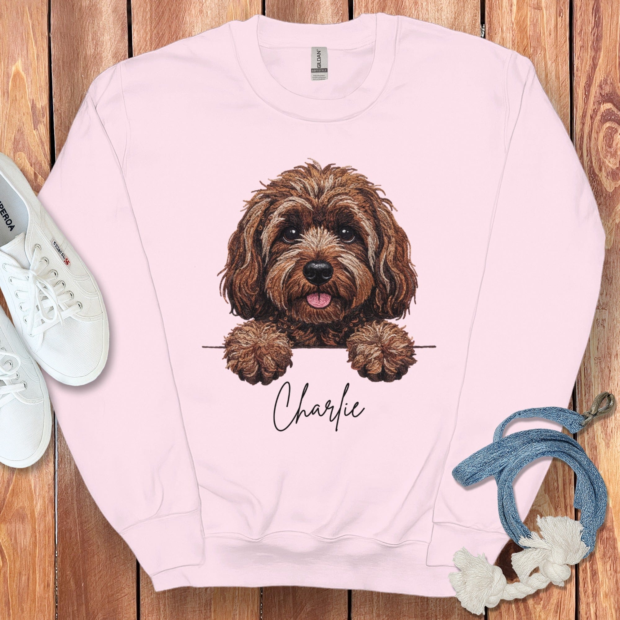 Personalized Chocolate Labradoodle Sweatshirt in Light Pink / S by Puppy Jo