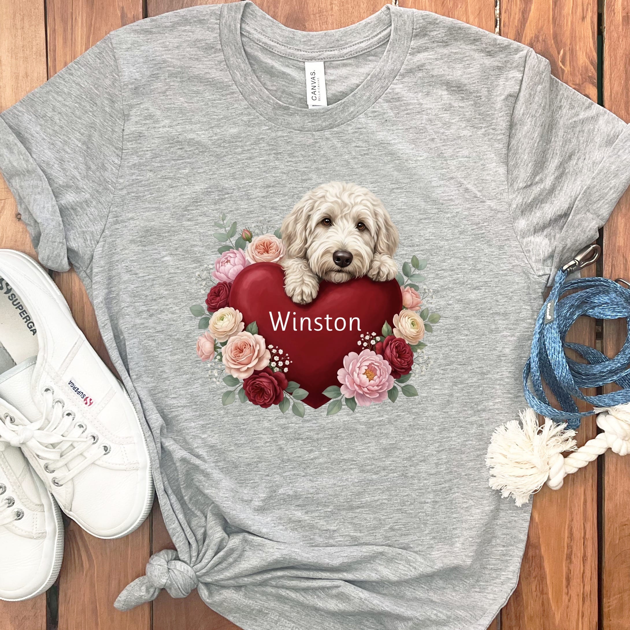 Personalized Cream Goldendoodle Heart Belongs T-Shirt in Athletic Heather / S by Puppy Jo