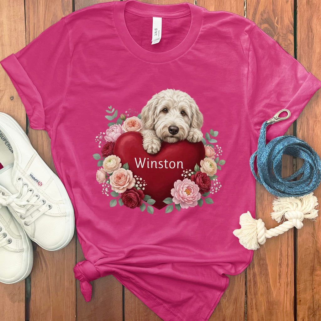 Personalized Cream Goldendoodle Heart Belongs T-Shirt in Berry / S by Puppy Jo