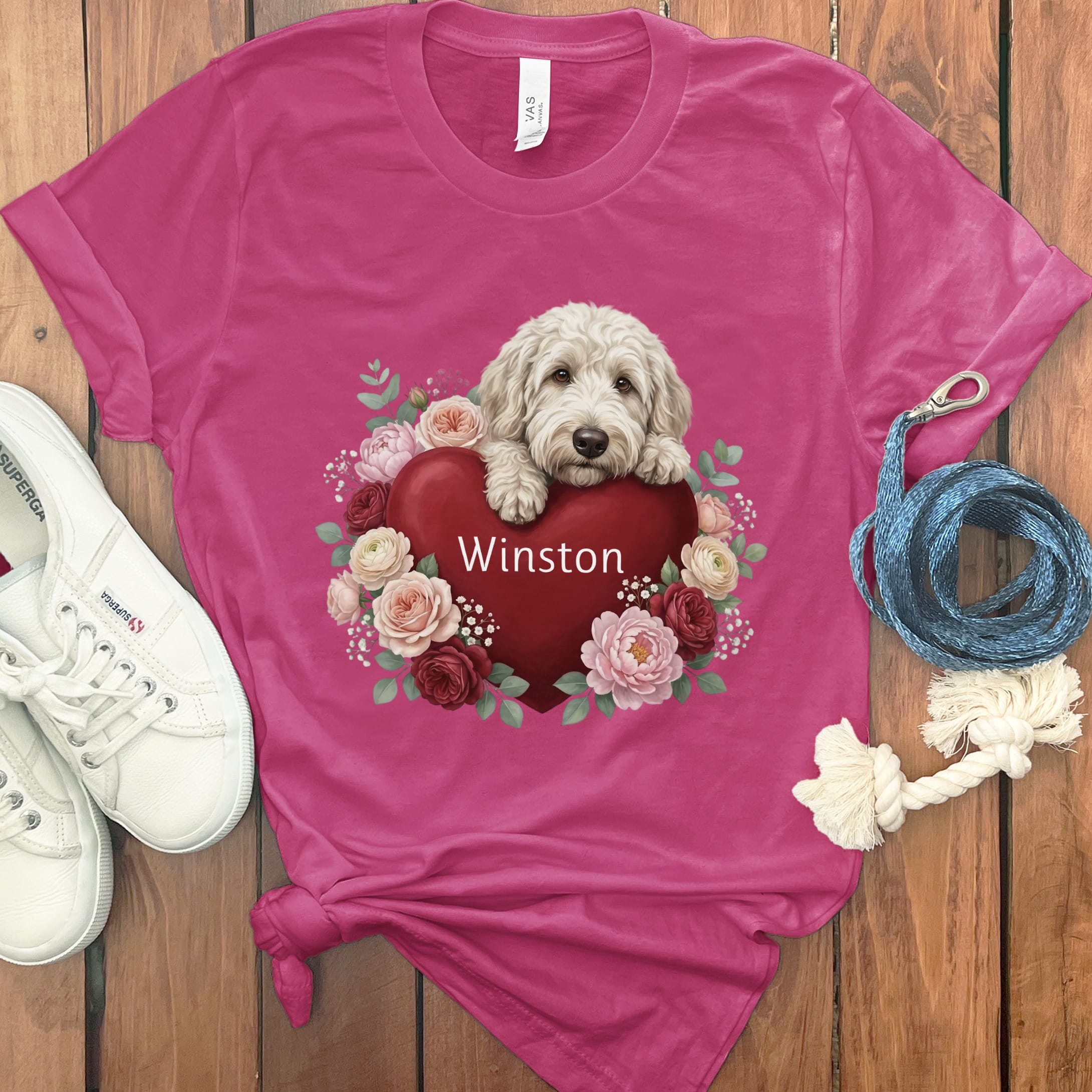 Personalized Cream Goldendoodle Heart Belongs T-Shirt in Berry / S by Puppy Jo