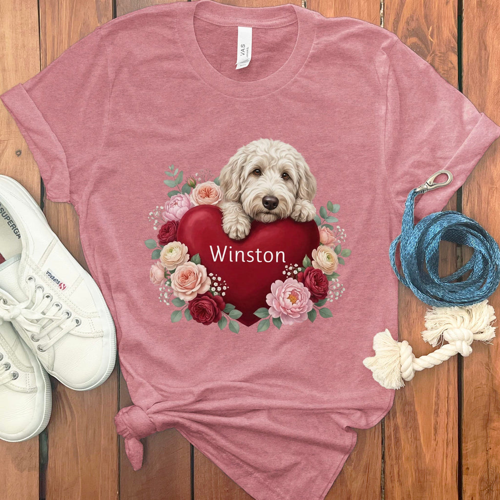 Personalized Cream Goldendoodle Heart Belongs T-Shirt in Heather Mauve / S by Puppy Jo