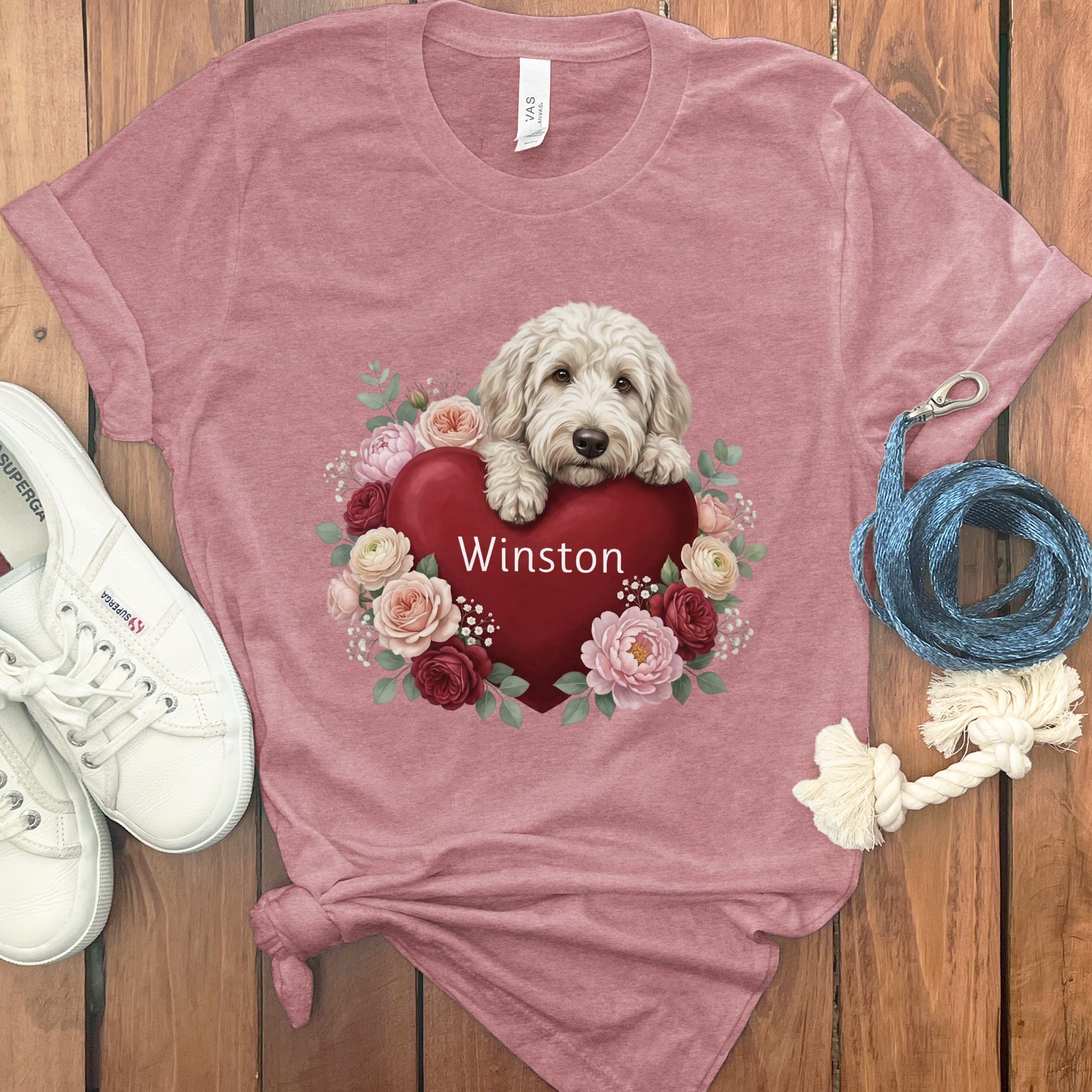 Personalized Cream Goldendoodle Heart Belongs T-Shirt in Heather Mauve / S by Puppy Jo