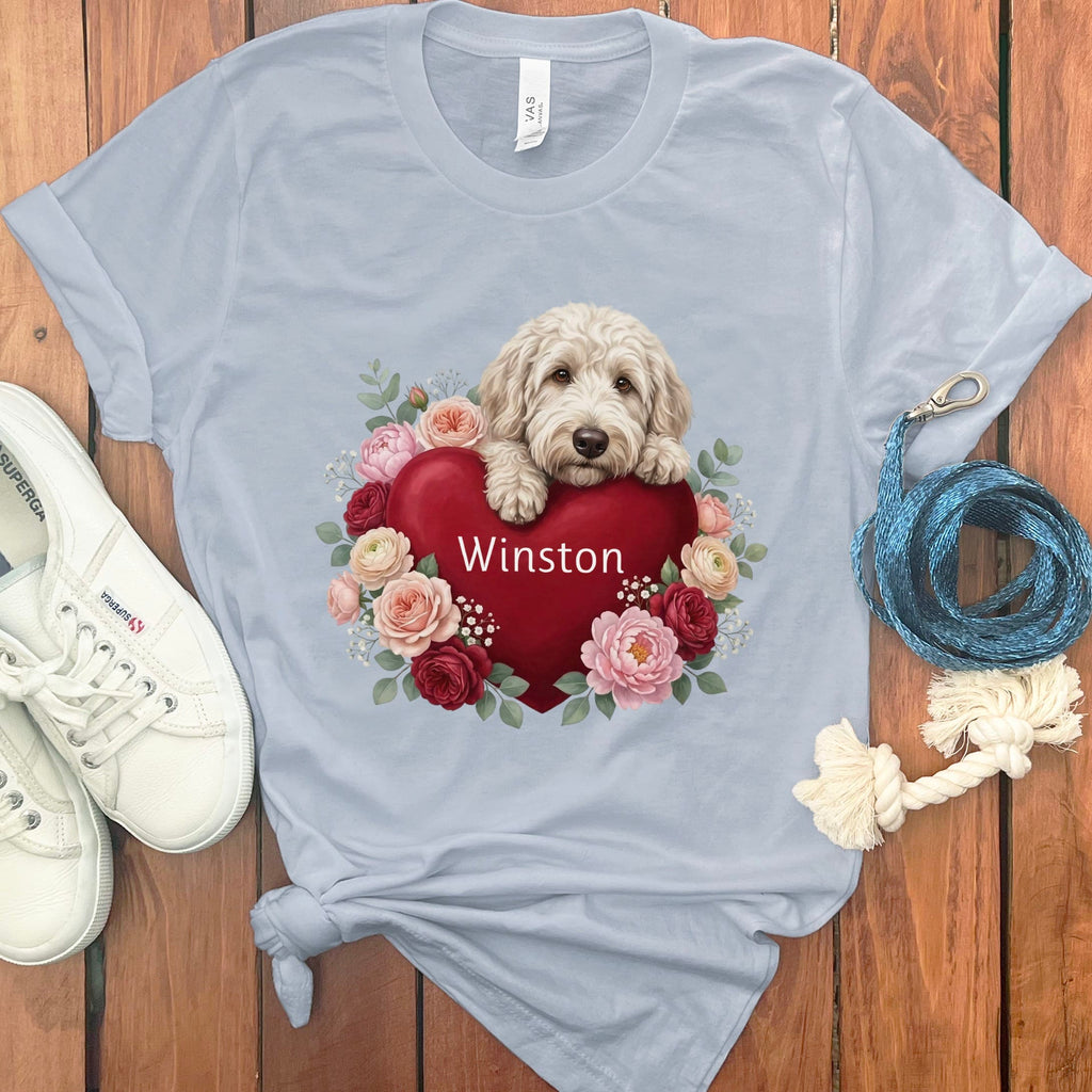 Personalized Cream Goldendoodle Heart Belongs T-Shirt in Light Blue / S by Puppy Jo