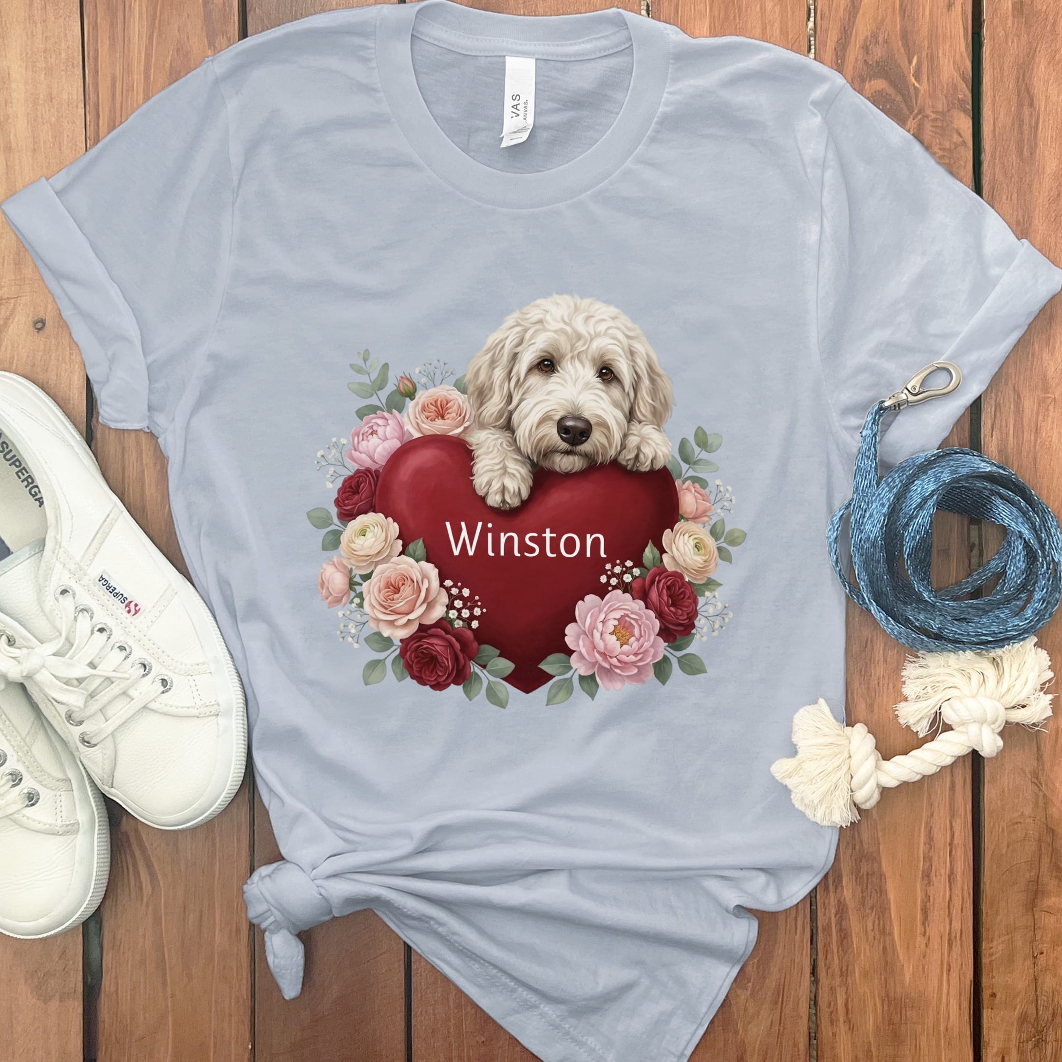 Personalized Cream Goldendoodle Heart Belongs T-Shirt in Light Blue / S by Puppy Jo