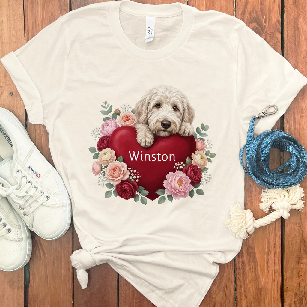 Personalized Cream Goldendoodle Heart Belongs T-Shirt in Natural / S by Puppy Jo