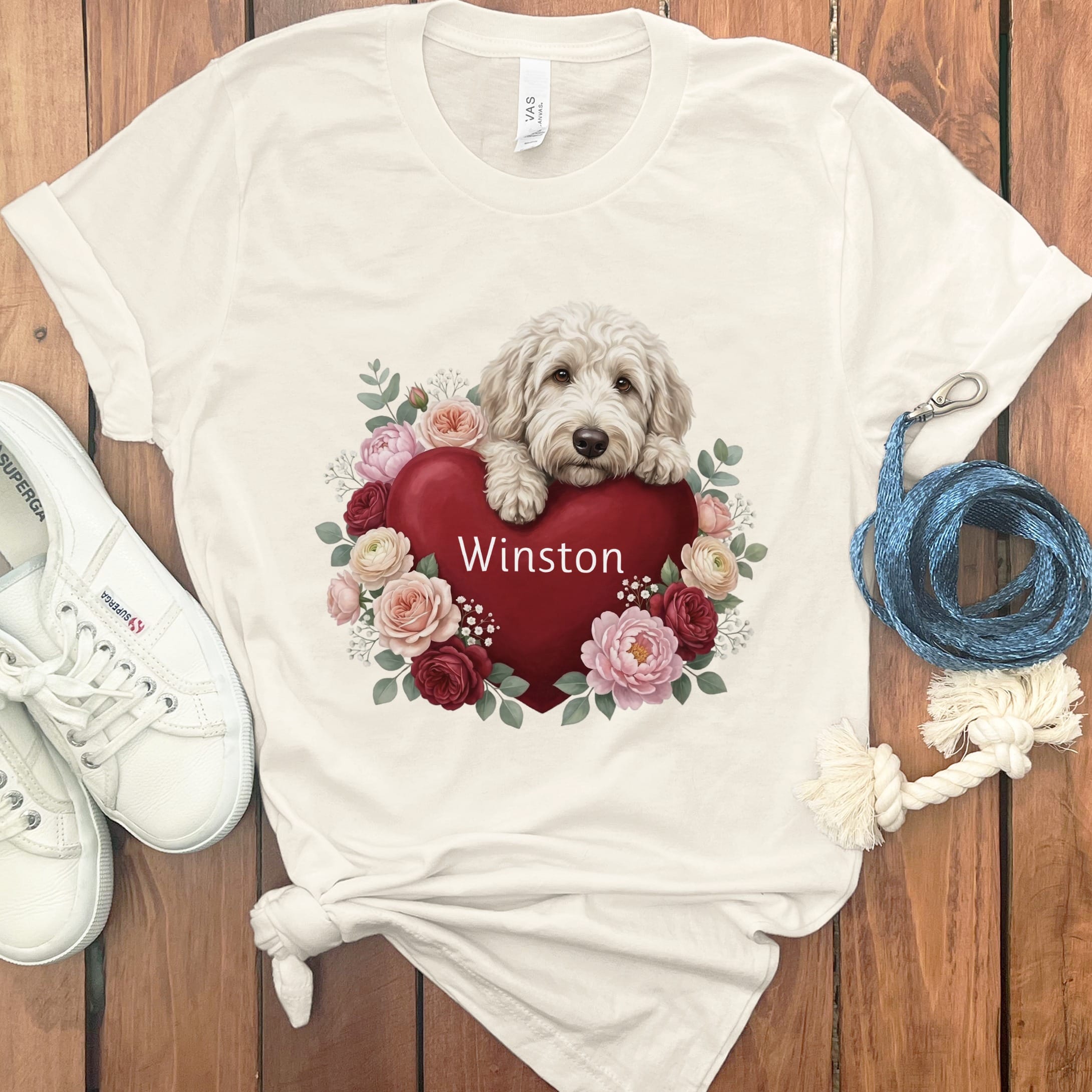 Personalized Cream Goldendoodle Heart Belongs T-Shirt in Natural / S by Puppy Jo