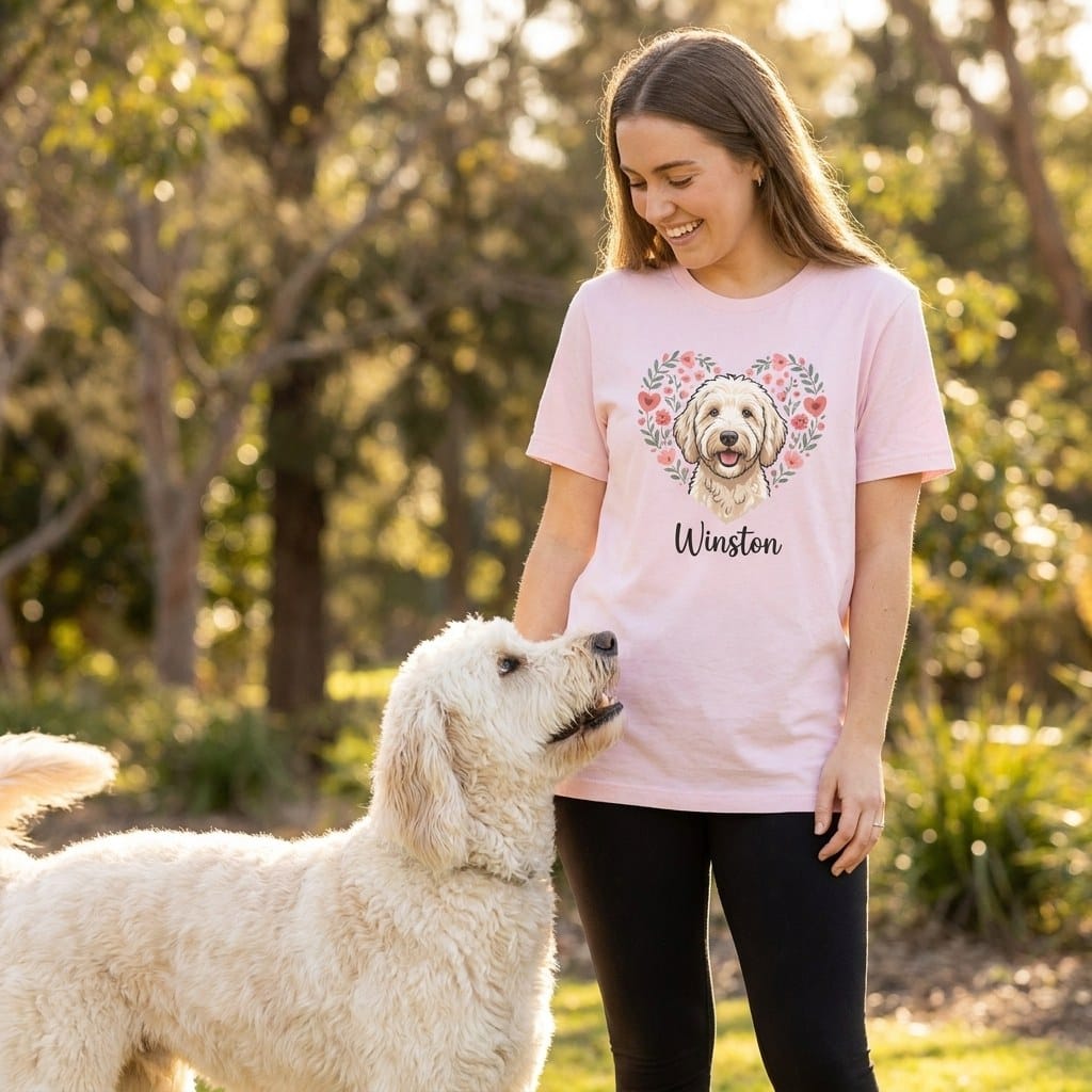Personalized Cream Goldendoodle Heart Belongs T-Shirt in by Puppy Jo