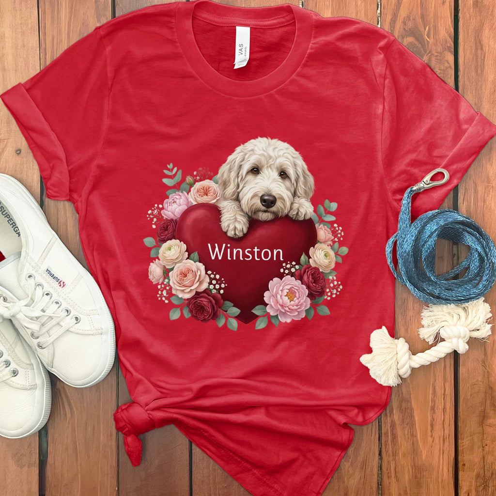 Personalized Cream Goldendoodle Heart Belongs T-Shirt in Red / S by Puppy Jo