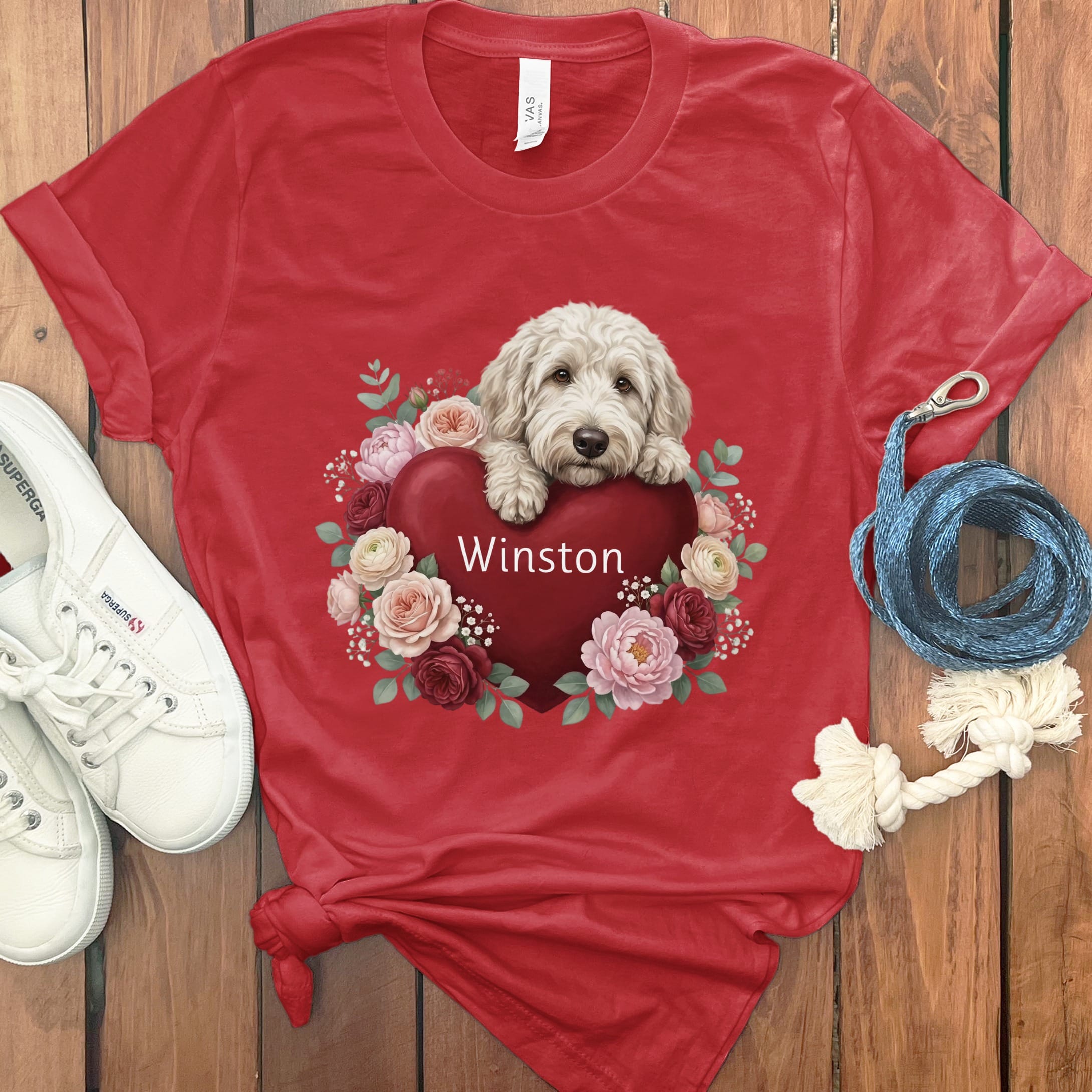 Personalized Cream Goldendoodle Heart Belongs T-Shirt in Red / S by Puppy Jo