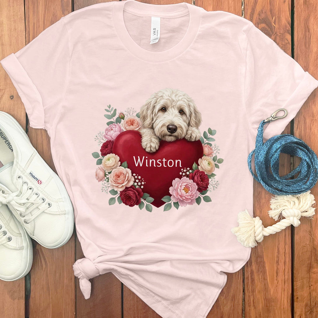 Personalized Cream Goldendoodle Heart Belongs T-Shirt in Soft Pink / S by Puppy Jo