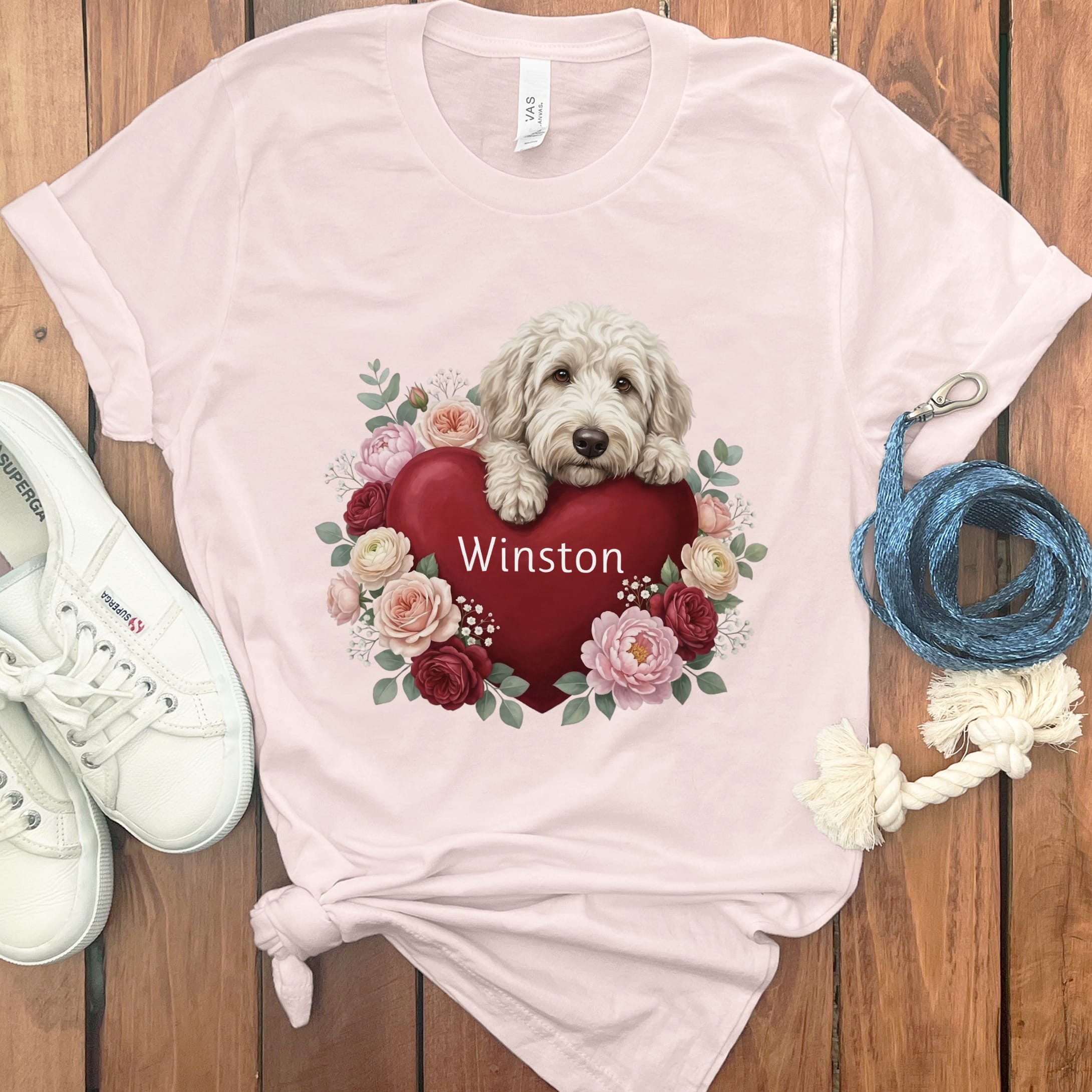 Personalized Cream Goldendoodle Heart Belongs T-Shirt in Soft Pink / S by Puppy Jo
