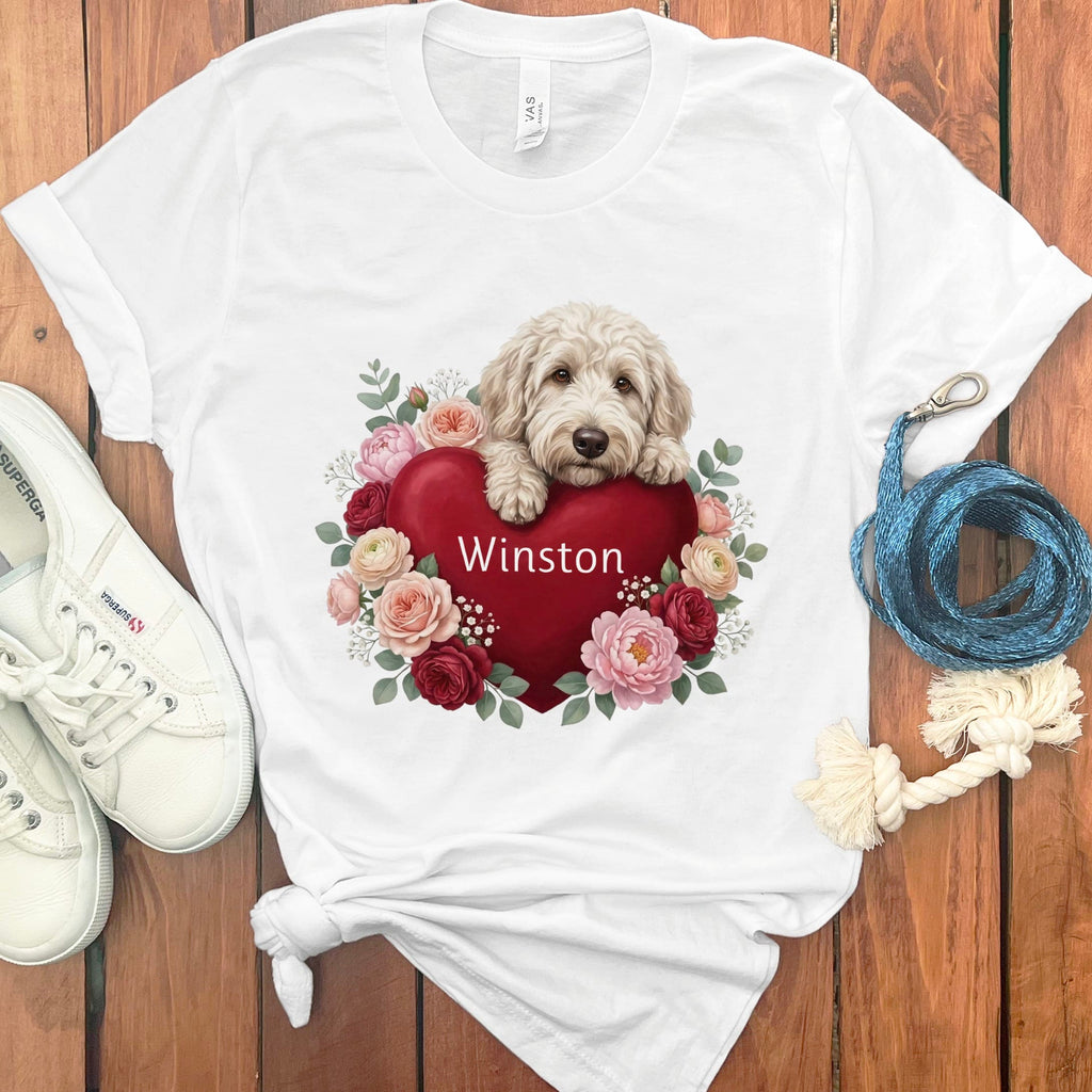 Personalized Cream Goldendoodle Heart Belongs T-Shirt in White / S by Puppy Jo