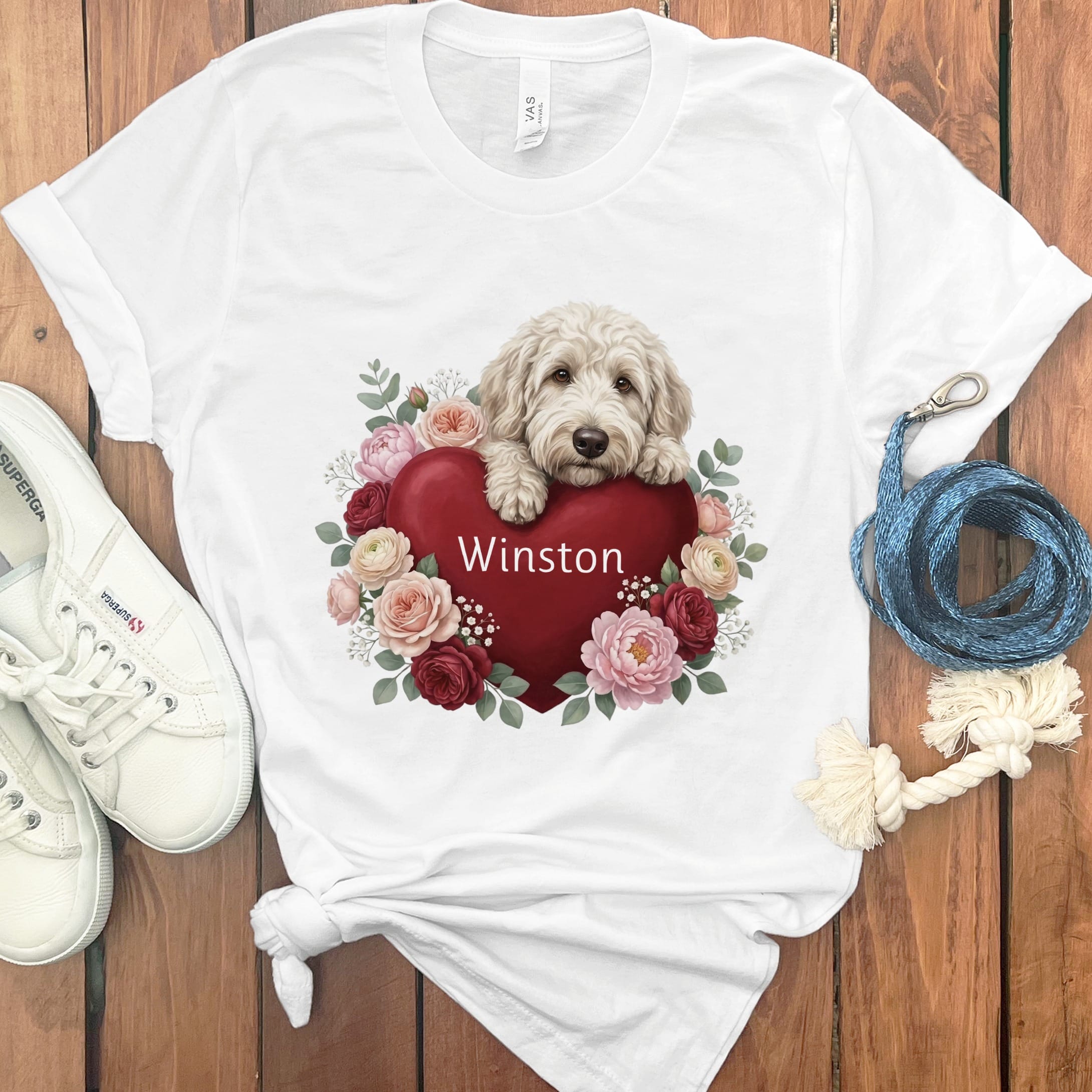 Personalized Cream Goldendoodle Heart Belongs T-Shirt in White / S by Puppy Jo